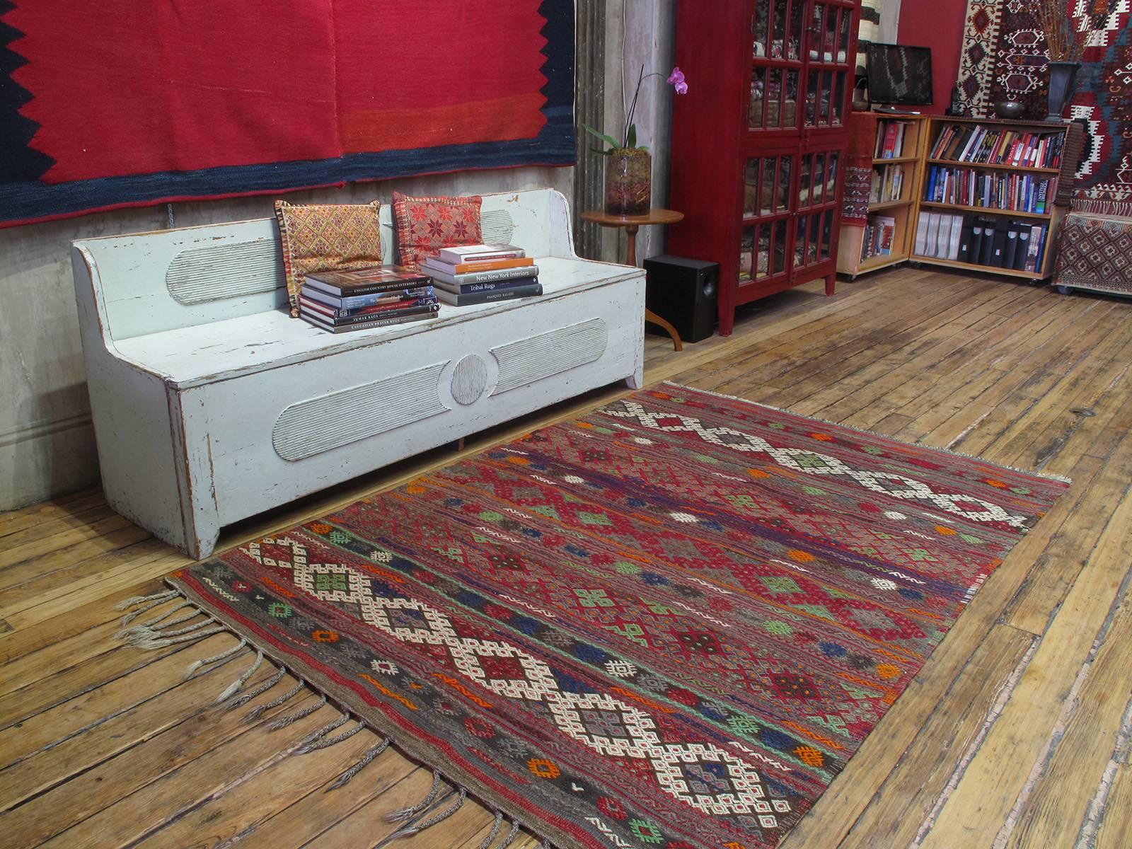 Balikesir Jijim rug. A beautiful old tribal flat-weave rug from Western Turkey, woven in the intricate 