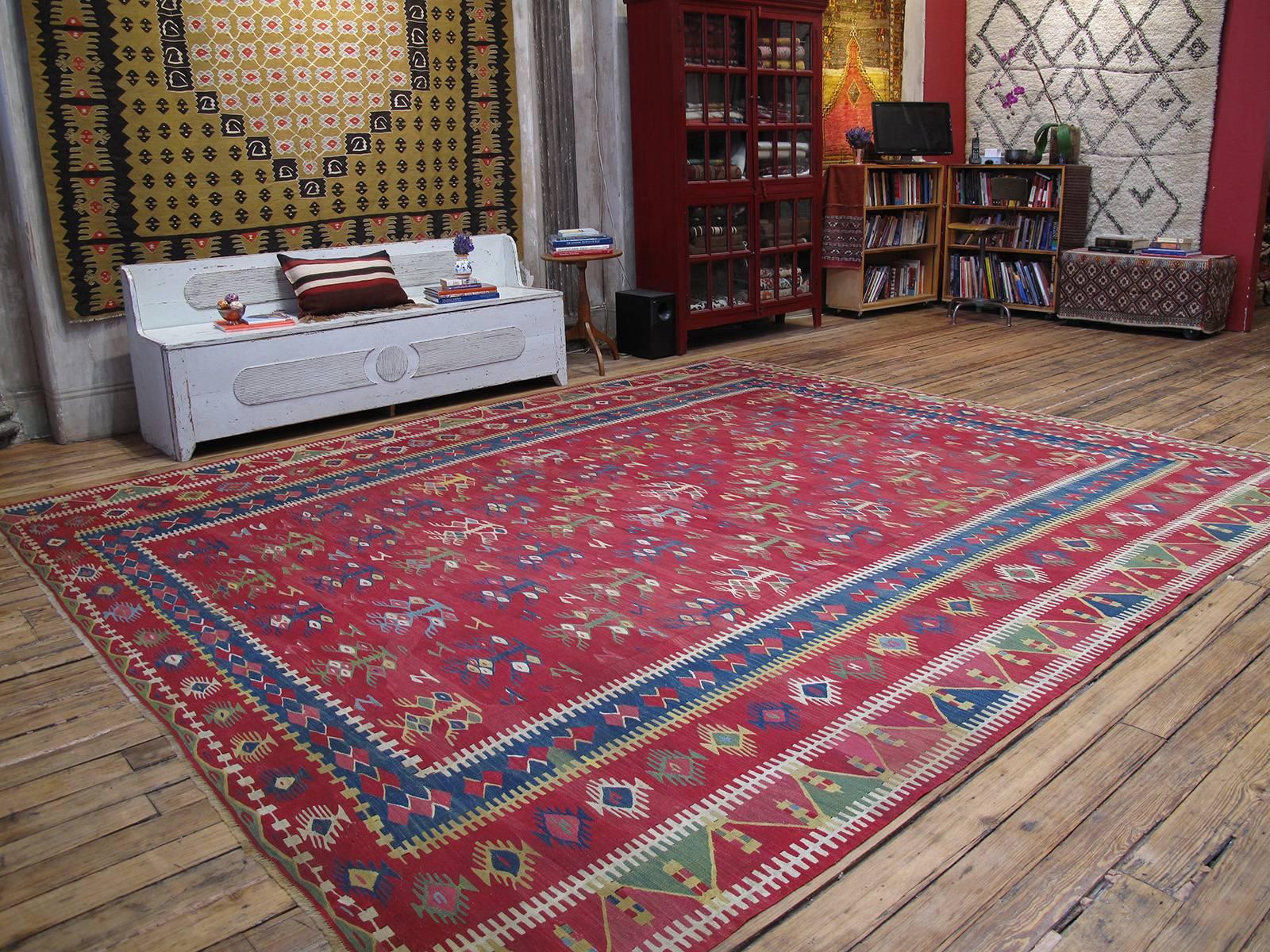Antique Sharkoy Kilim rug. A finely woven antique kilim rug from the border region between present day Serbia and Bulgaria, centered around the town of Pirot (called Sharkoy by Turks). Once part of the Ottoman Empire, this area has a centuries-old