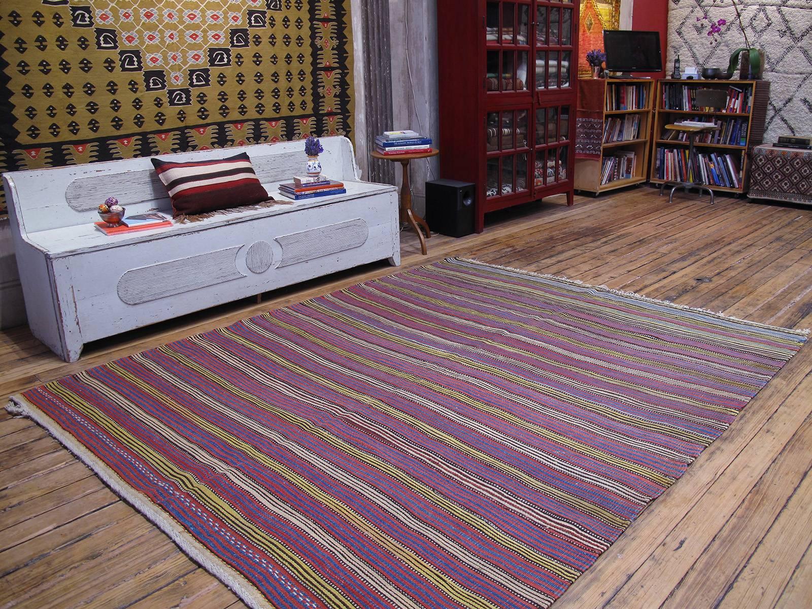 Antique Erzurum Kilim rug. A rare antique flat-weave rug from Northeastern Turkey with a stripe pattern in brilliant natural dyes. Rug is a very high quality weaving, in near perfect state of preservation, with great modern appeal, despite its age.