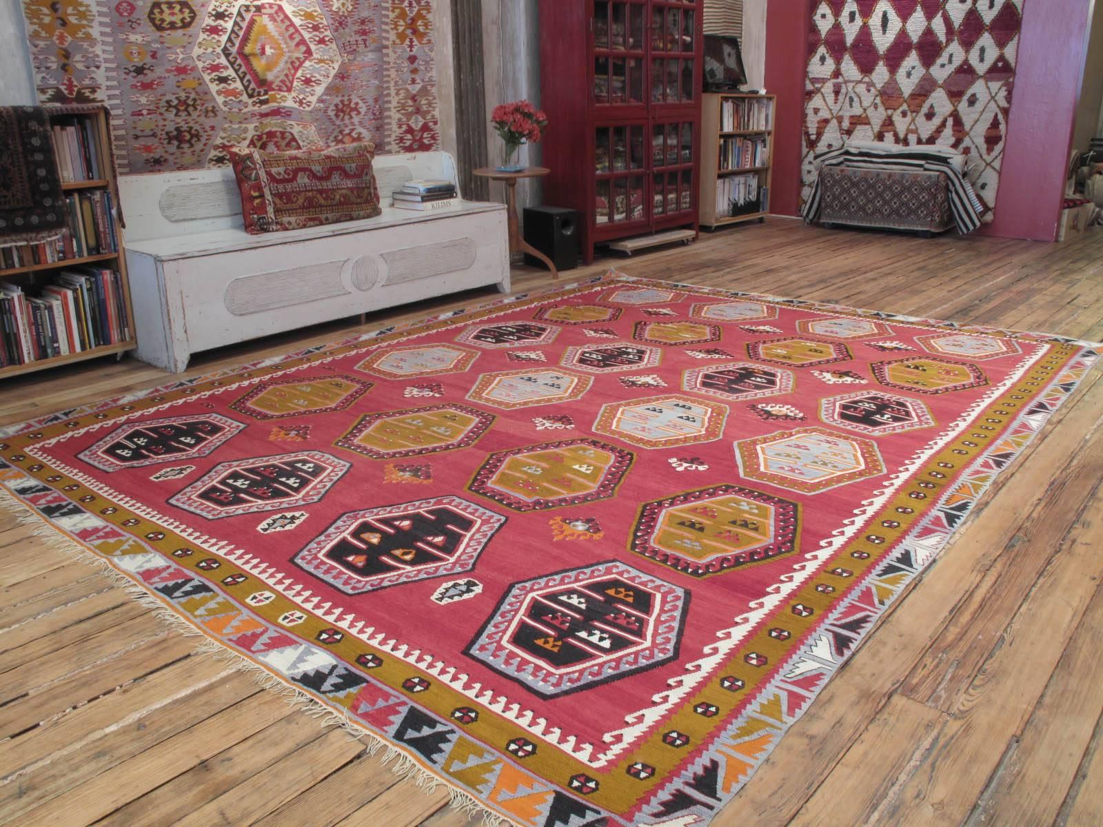 Sharkisla Kilim rug. A large Kilim rug from Eastern Turkey with very pleasing colors and large-scale design. Such large Kilims were made by tribal weavers during the summer months when they could set up large looms outdoors and weave these for