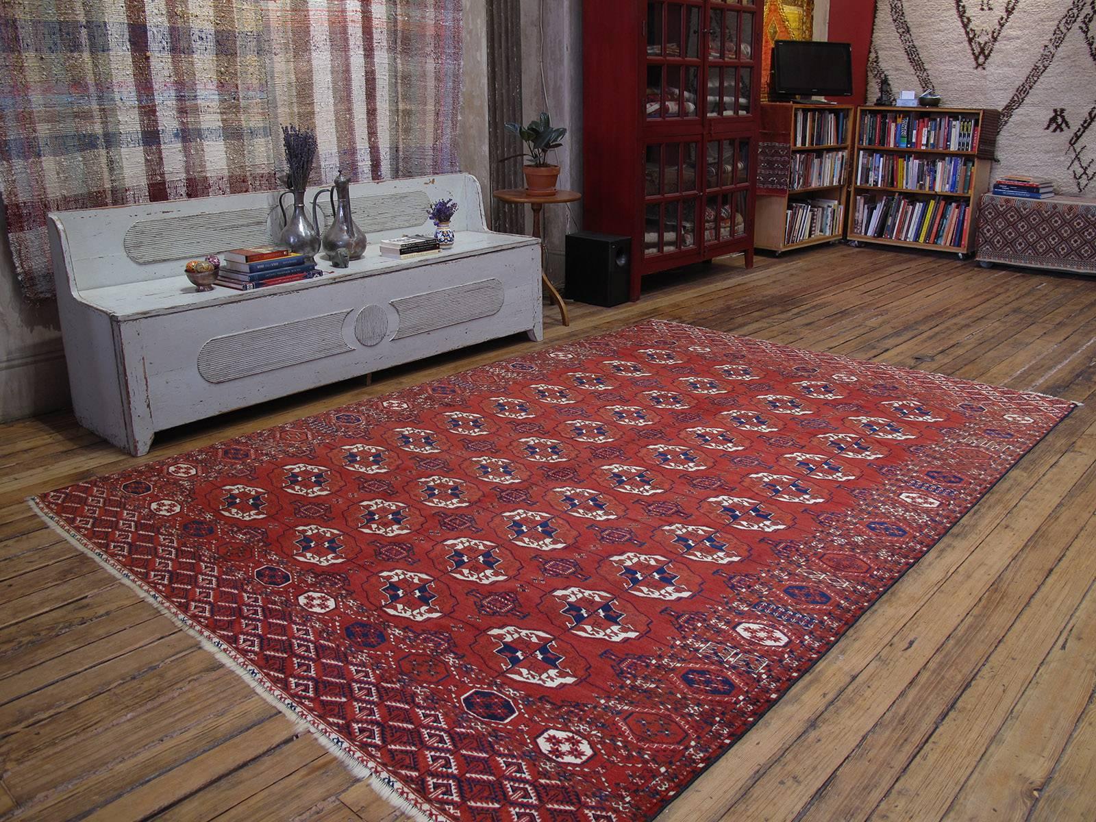 Antique Turkmen main carpet or rug. A great example of Turkmen tribal weaving carpet or rug featuring the classical design of the Tekke Turkmen tribe erroneously called a 