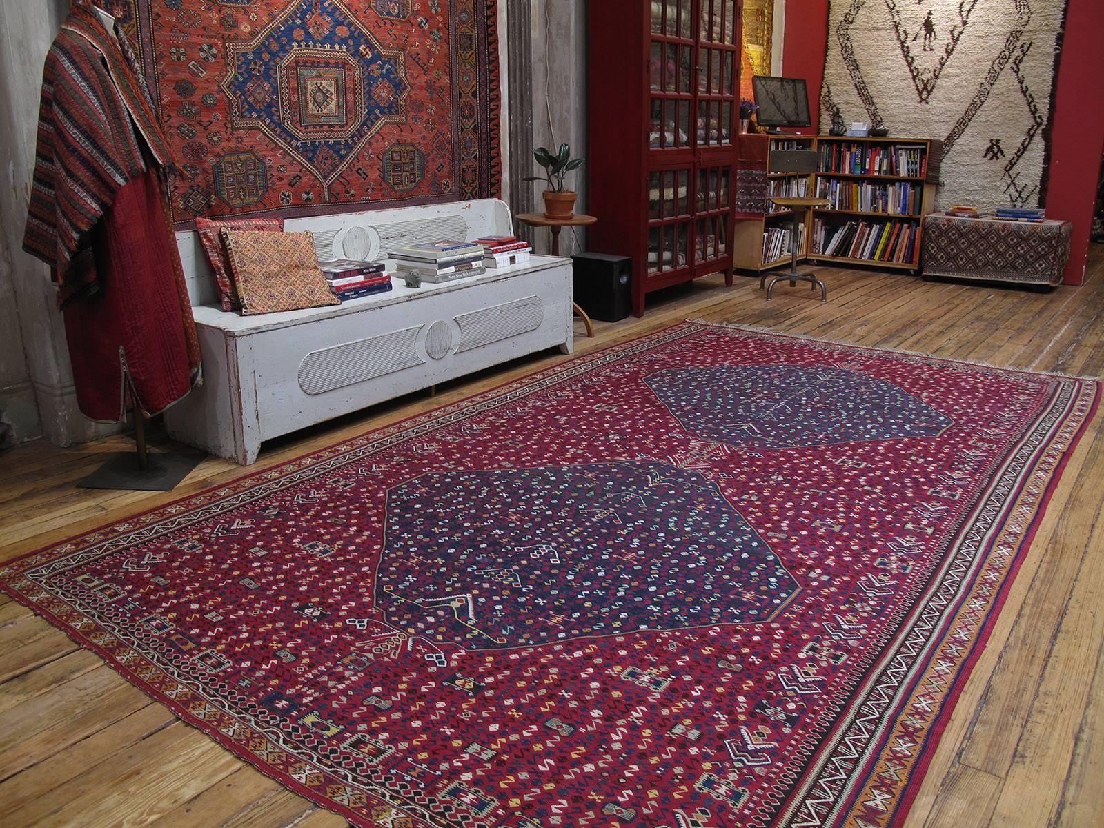 Antique Erzurum Kilim rug. A highly unusual antique Kilim rug from a region in Eastern Turkey that is famous for its finely woven Kilims. This is a rather large piece and the design is quite unique in our experience, as most Erzurum Kilims are in