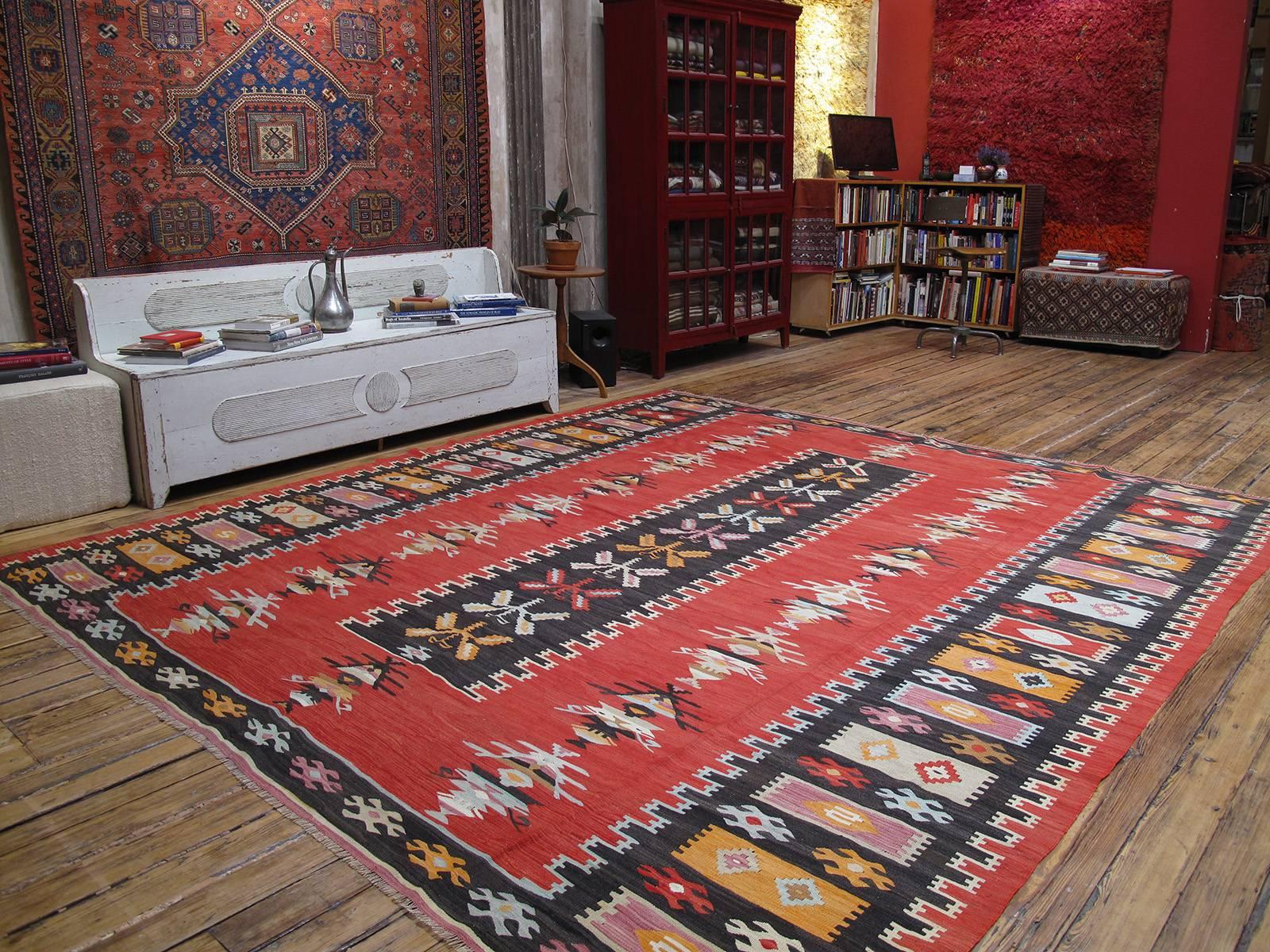 Unusual Balkan Kilim rug. A lovely old Kilim rug from the Balkan Peninsula with brilliant colors and unusual design. Rug is in large, almost square format and very good state of preservation.