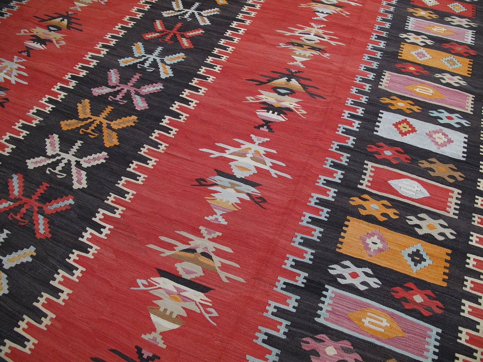 Hand-Woven Unusual Balkan Kilim Rug