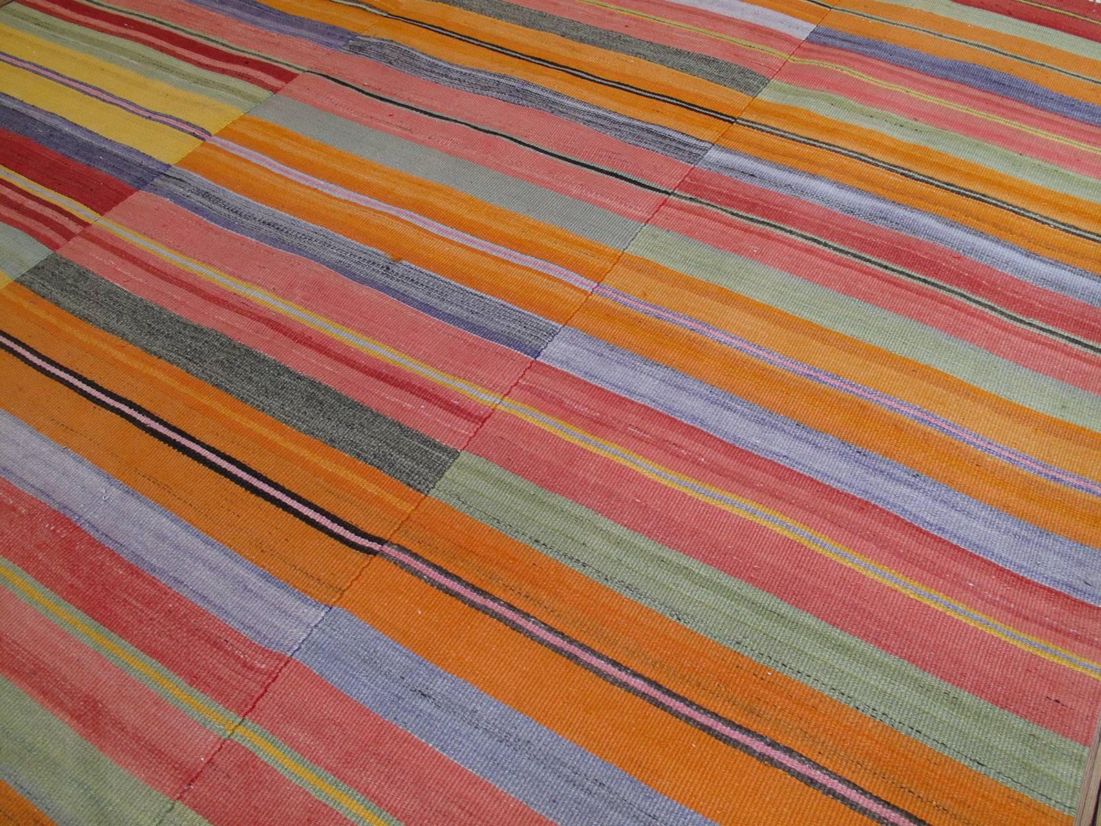 Hand-Woven Kilim with Multi-Colored Bands