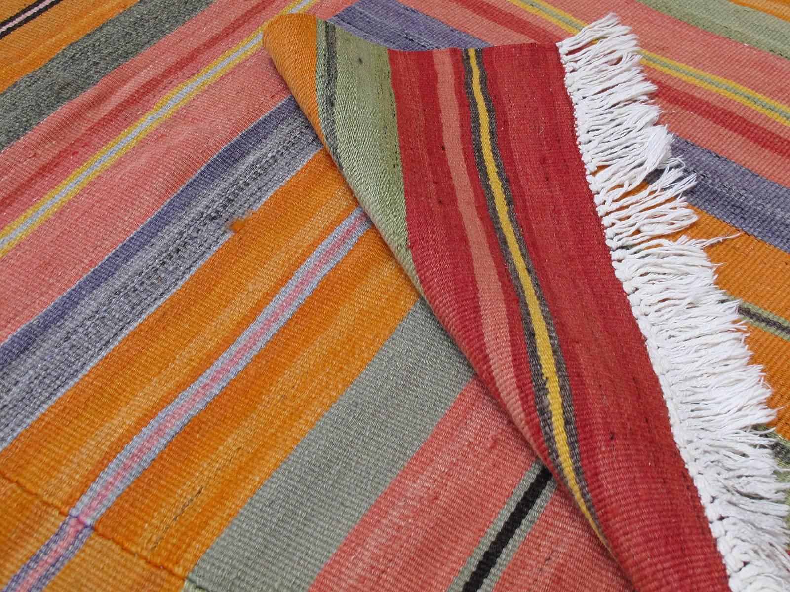 Wool Kilim with Multi-Colored Bands