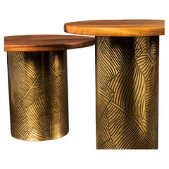 Engraved Brass and Solid Wood Side Table – Cylindrical Base Ø 50 cm x H 41 cm