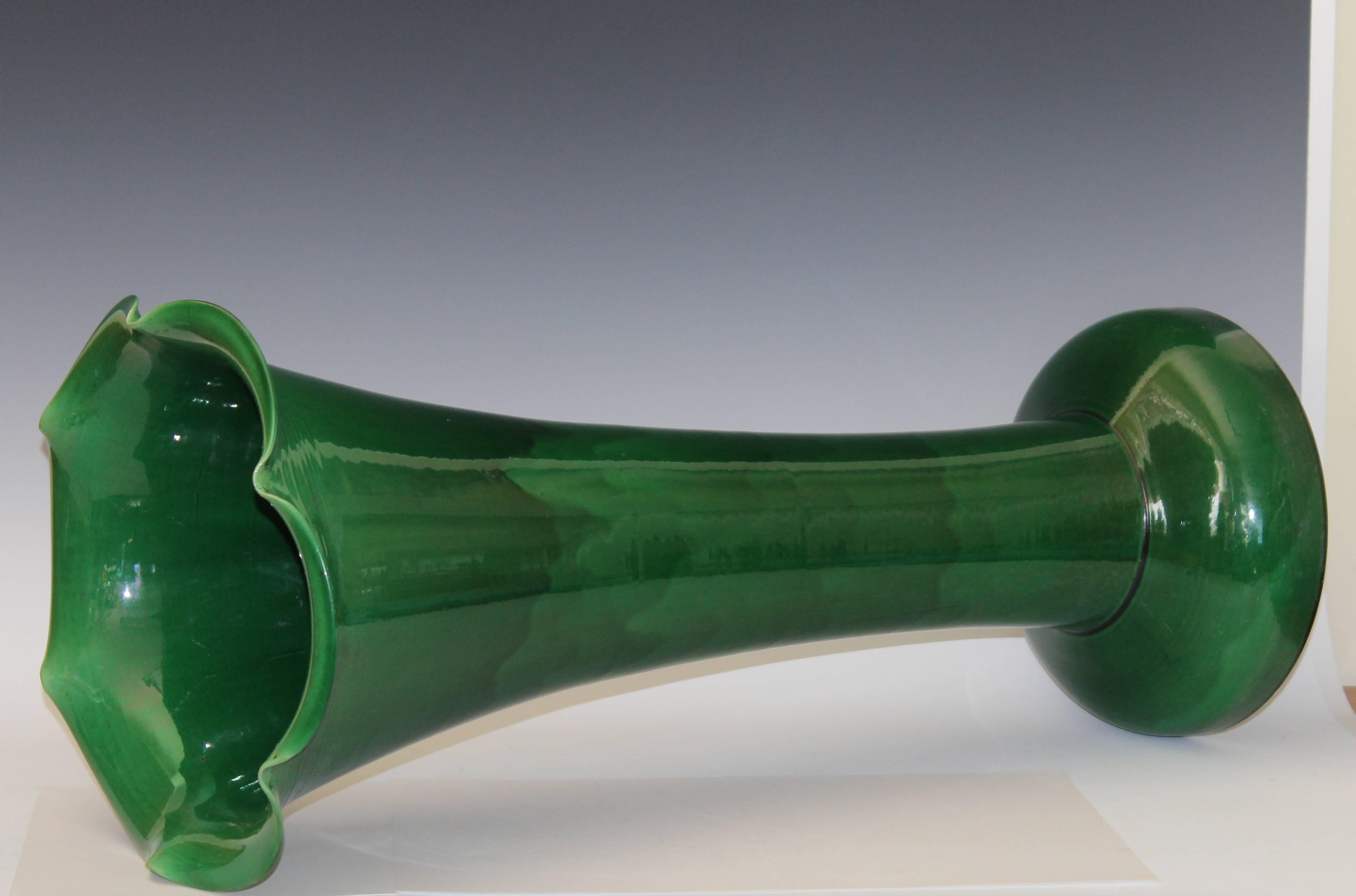 Japanese Large Art Nouveau Awaji Pottery Ruffle Rim Trumpet Form Vase For Sale
