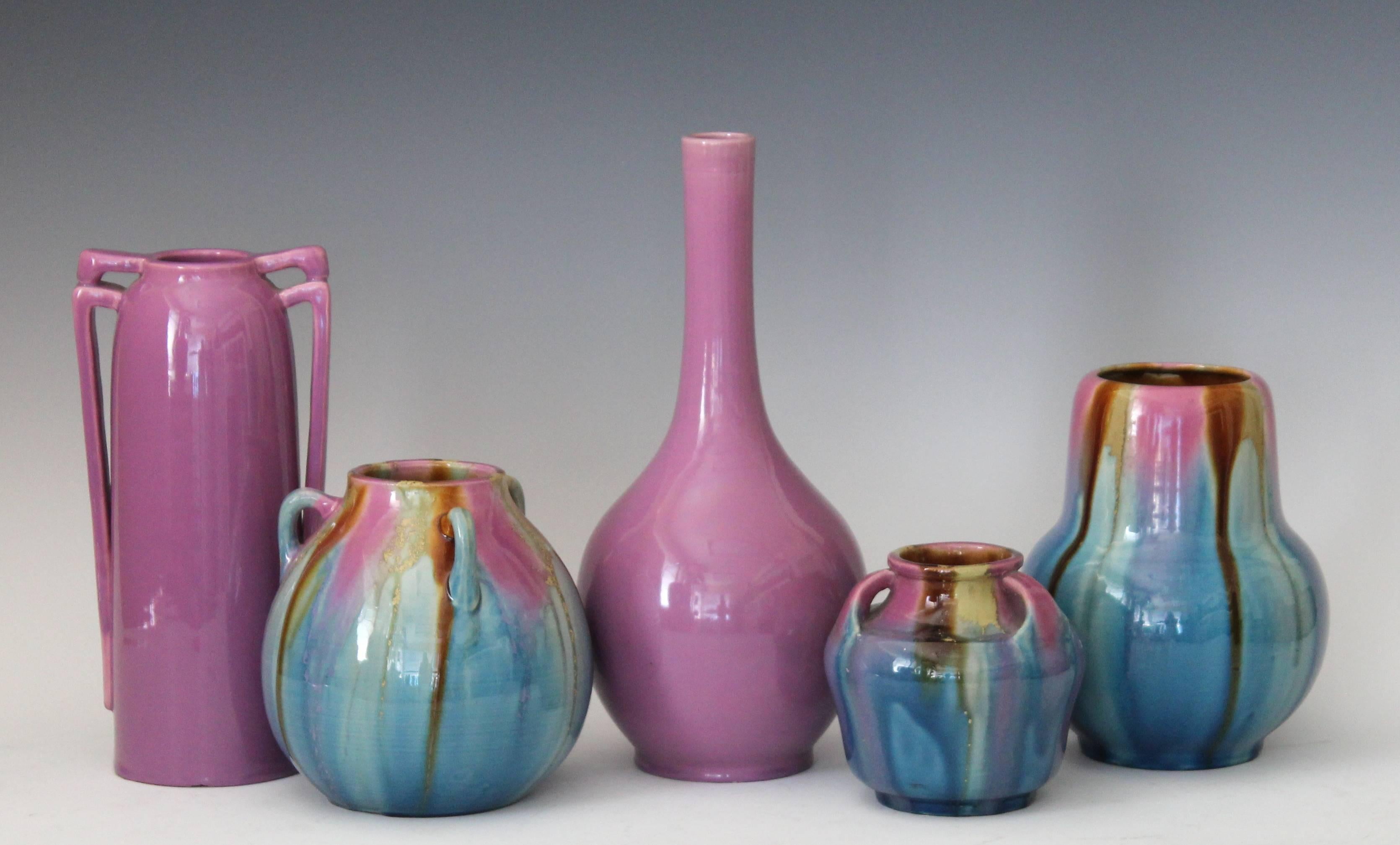 Awaji Pottery Art Deco Vase in Pink and Blue Flambe Glaze For Sale 1