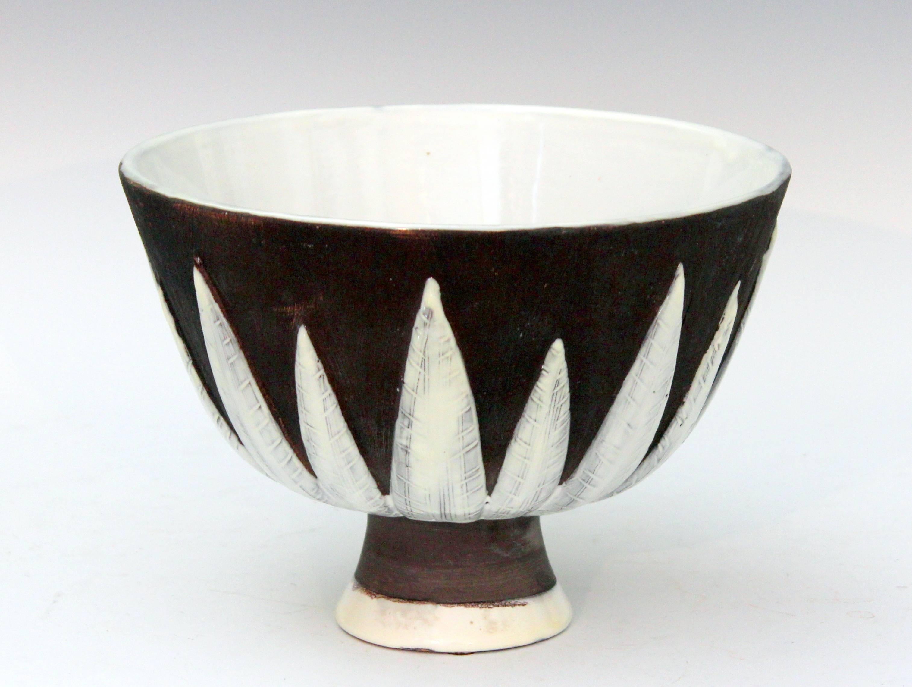 Vintage Bitossi compote with applied plantain leaf design against a warm matte black ground. Classically inspired design with a mid-20th century flair, circa 1950s-1960s. With code for Goodfriend Imports. Measures: 6 1/2