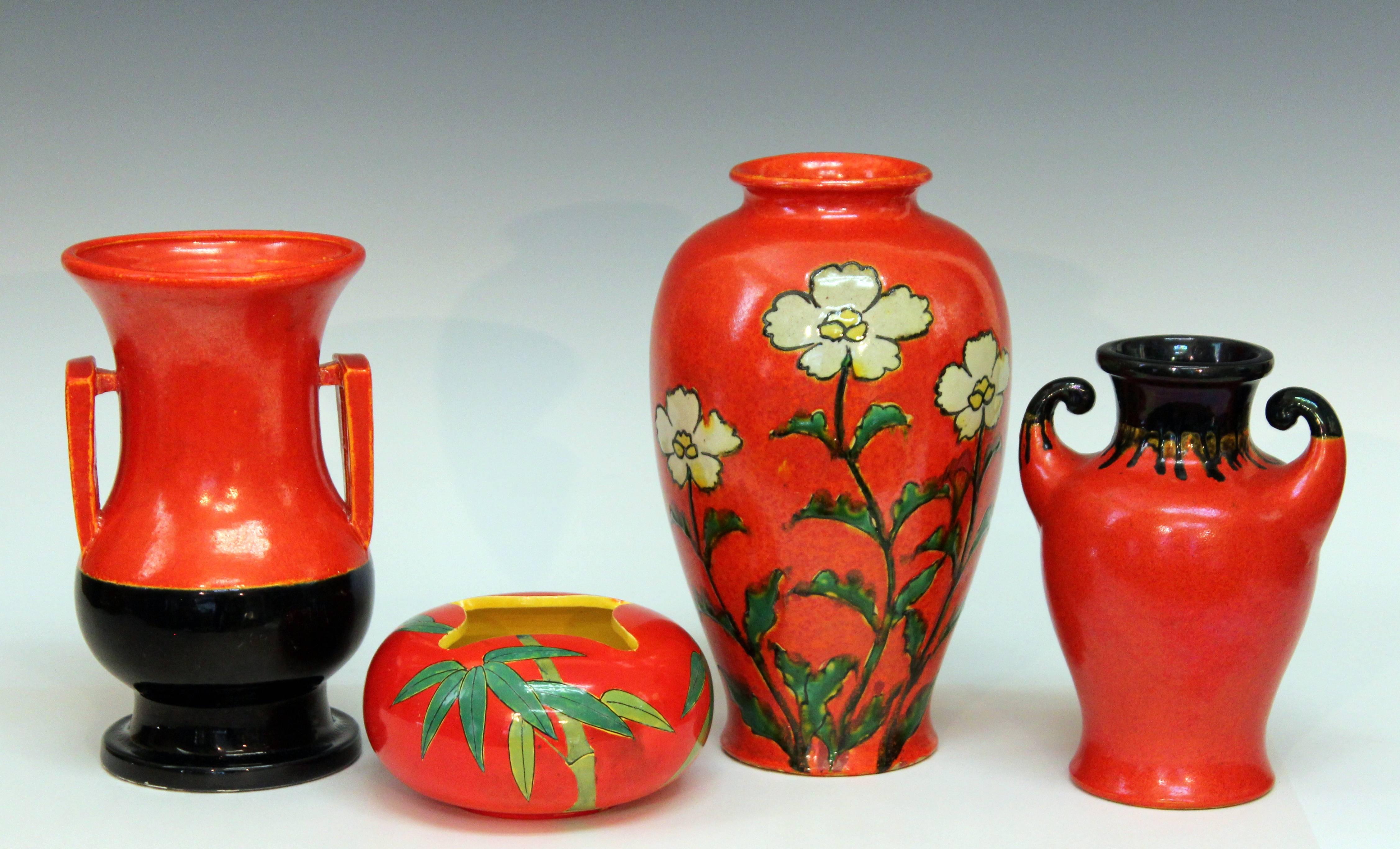 Awaji Pottery Chrome Orange and Black Art Deco Buttress Handled Vase 3