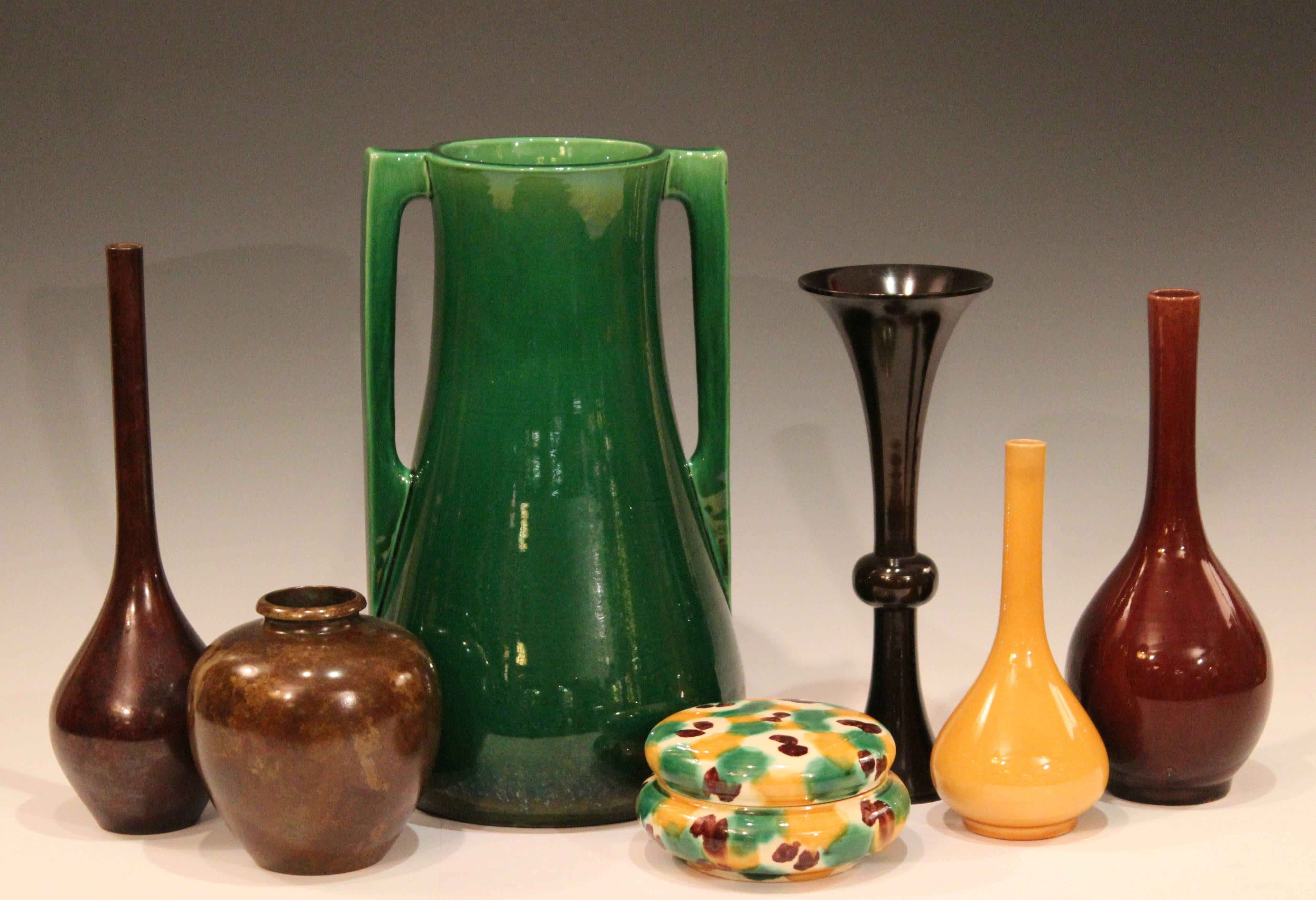 Antique Awaji Pottery Sancai, Three Color Glaze Japanese Covered Jar For Sale 1