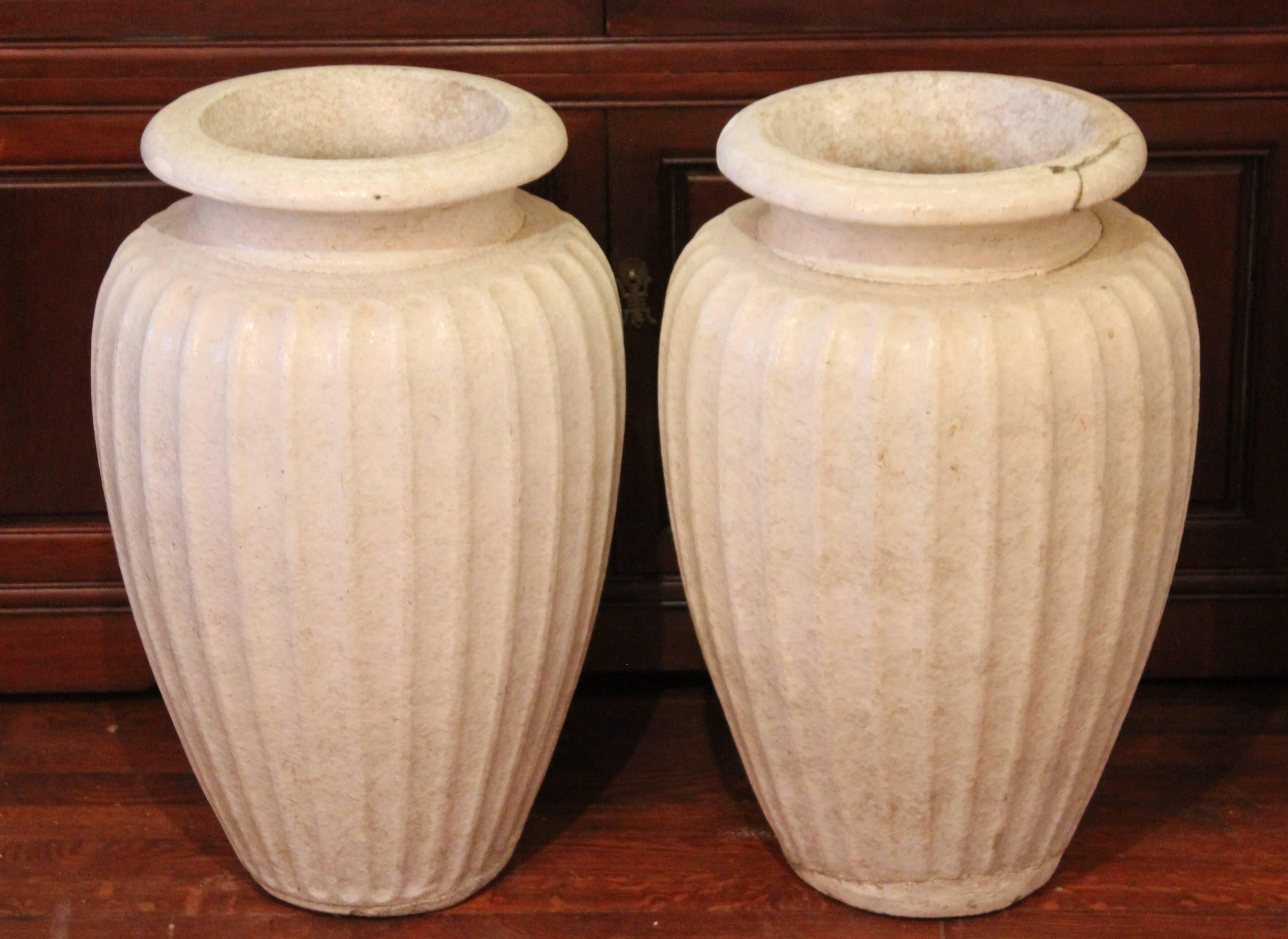 Pair of Antique Galloway Terracotta Ceramic Art Deco Pottery Garden Urn Vases In Distressed Condition For Sale In Wilton, CT