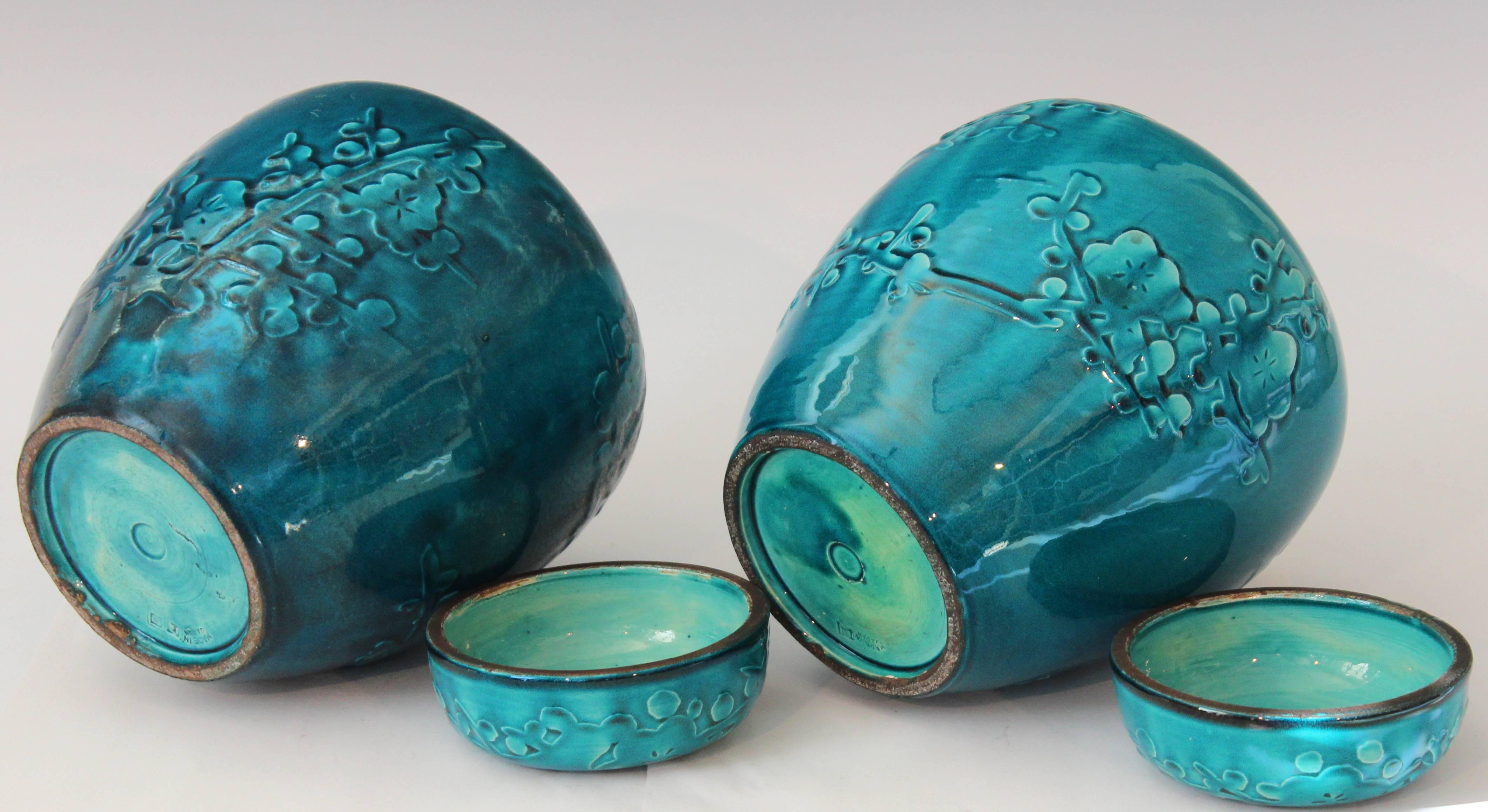 Art Deco Pair of Turquoise Awaji Pottery Ginger Jars, Covers Applied and Incised Prunus For Sale