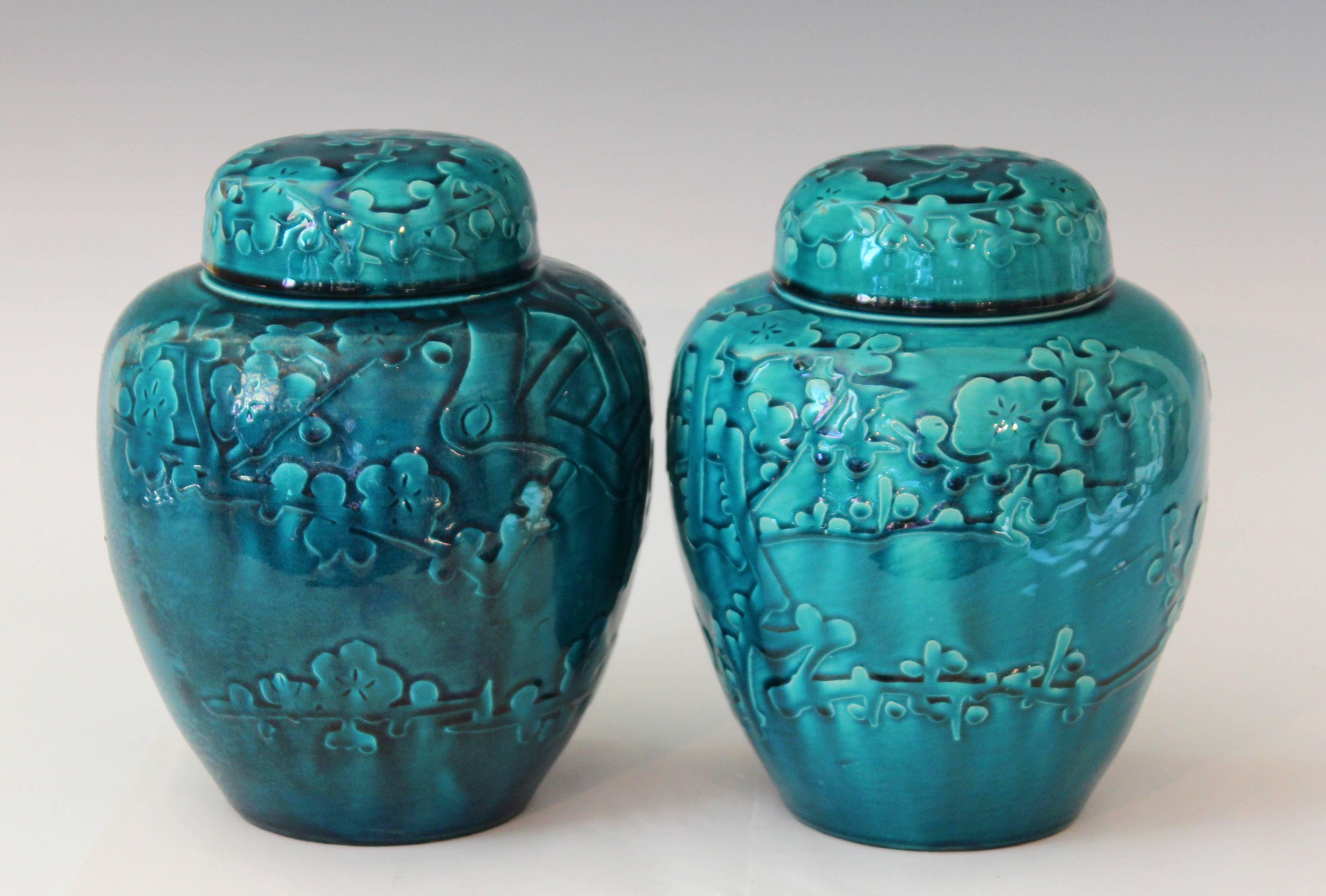 Pair of Turquoise Awaji Pottery Ginger Jars, Covers Applied and Incised Prunus In Excellent Condition For Sale In Wilton, CT
