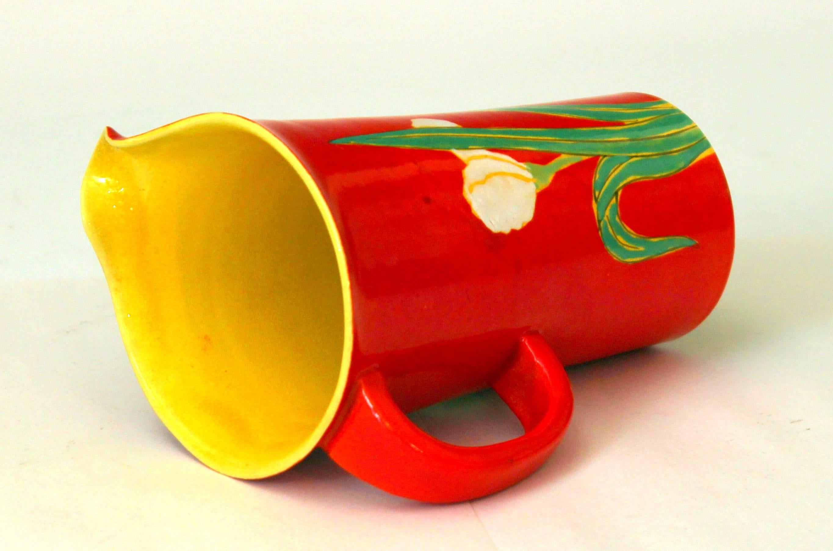 Japanese Awaji Pottery Iris Pitcher in Art Deco Atomic Chrome Red Glaze For Sale