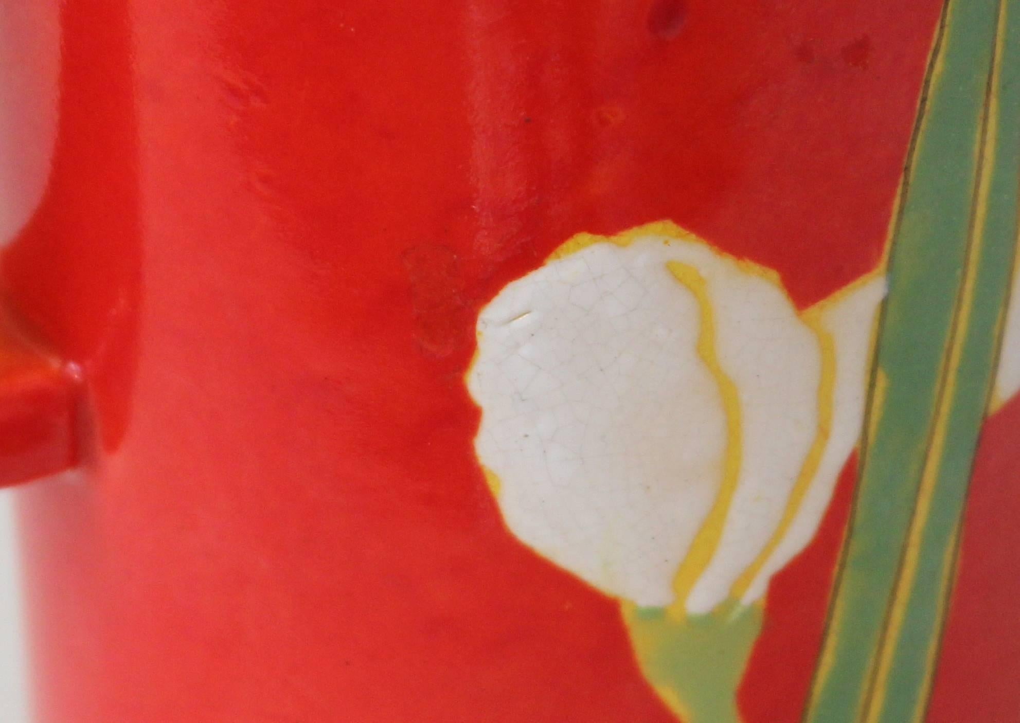 Awaji Pottery Iris Pitcher in Art Deco Atomic Chrome Red Glaze For Sale 2