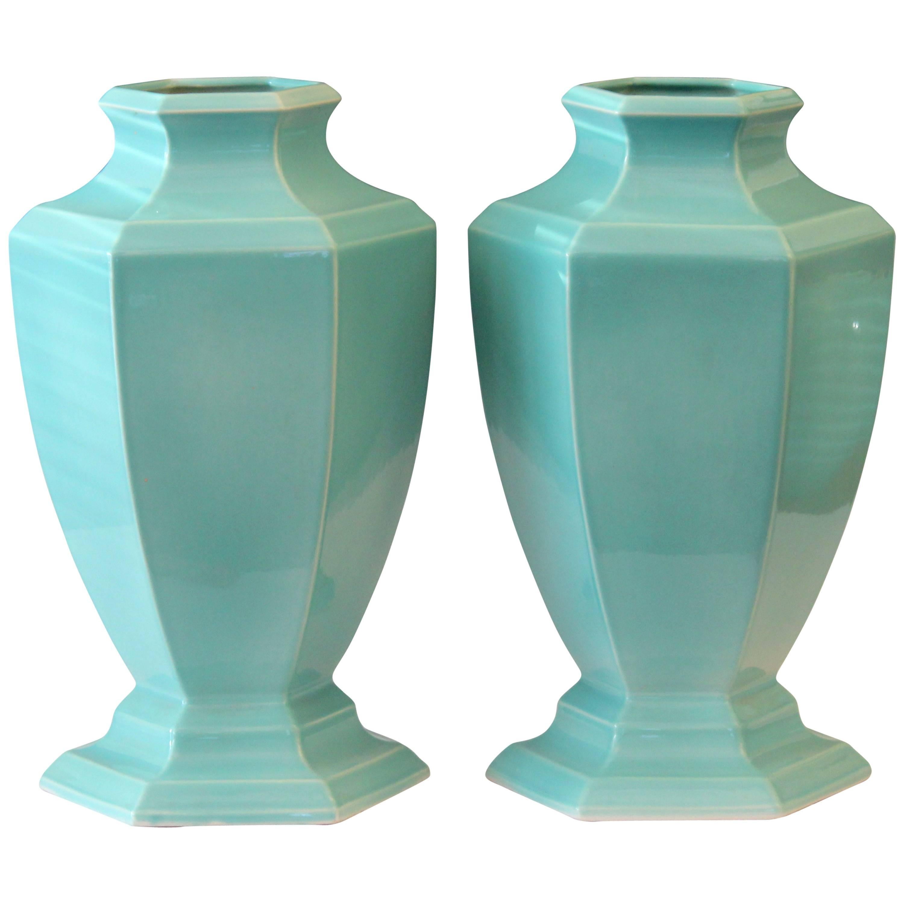 Large Pair of Art Deco Trenton, NJ Topeco 1930s Aqua Turquoise Urns Vases
