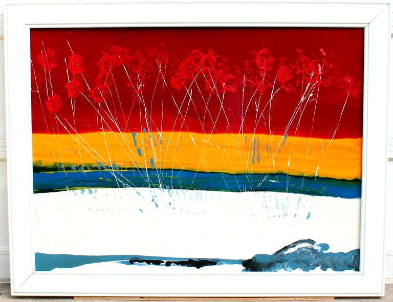 Large expressionist landscape painting in enamel on board depicting grasses or flowers against a seaside sunset, circa 1980s-1990s. Well matched with a wide, white, wooden frame. Measures: 42
