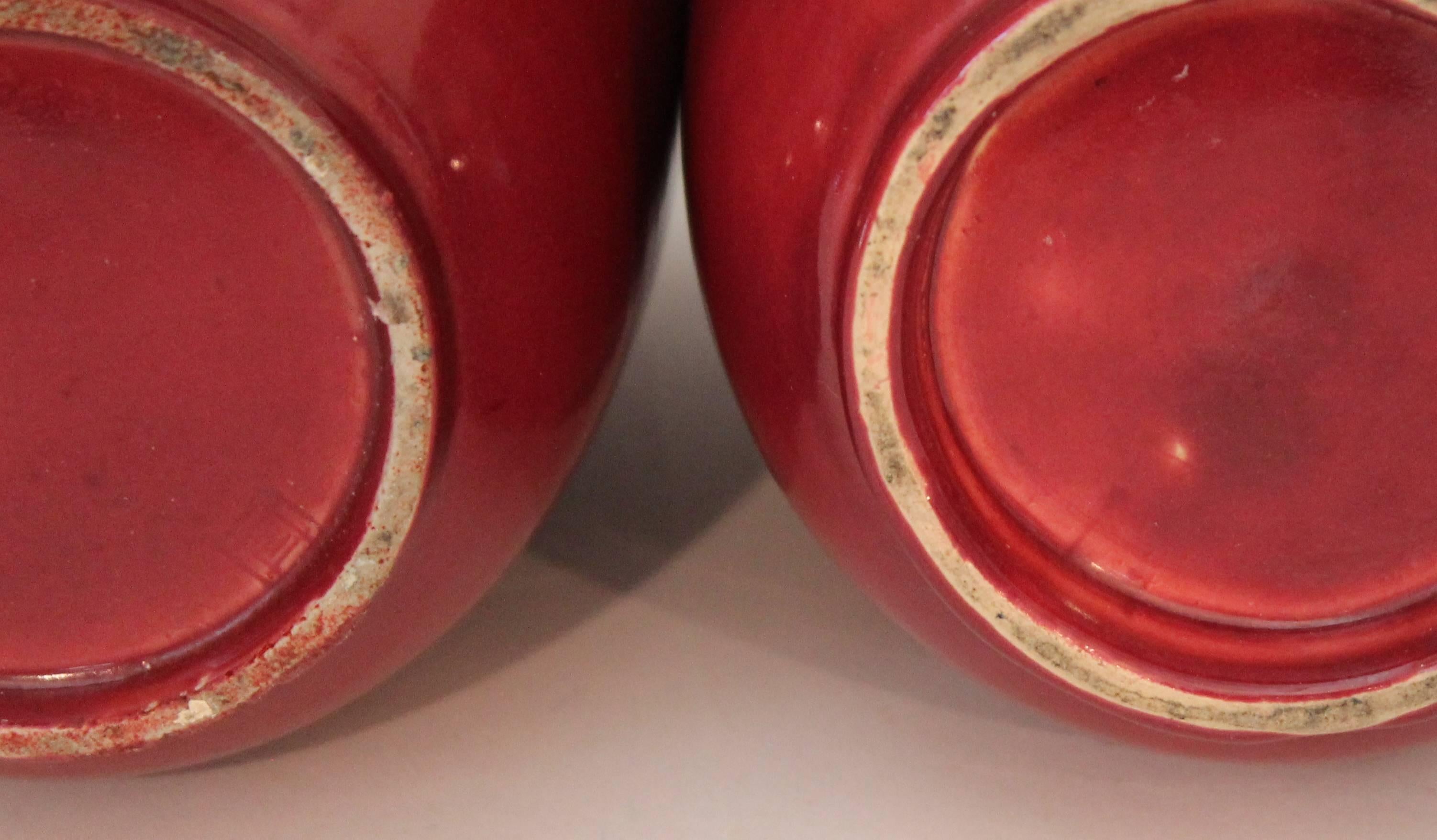 Turned Pair of Old or Antique Awaji Pottery Burgundy Ginger Jars Tea Ceremony Garniture For Sale