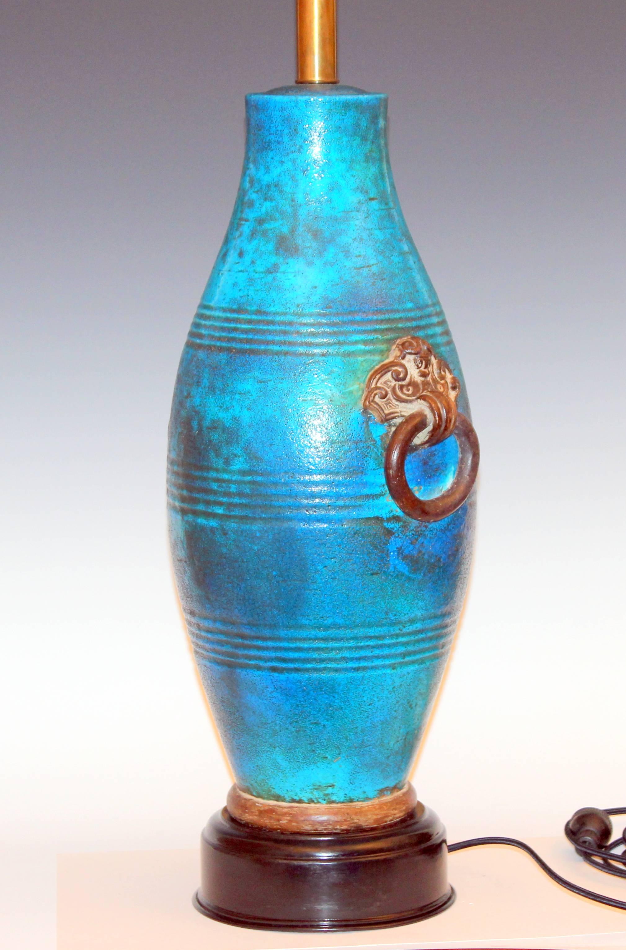 Turned Large Italian Ming Zaccagnini Pottery Turquoise Crackle Glaze Ring Handle Lamp