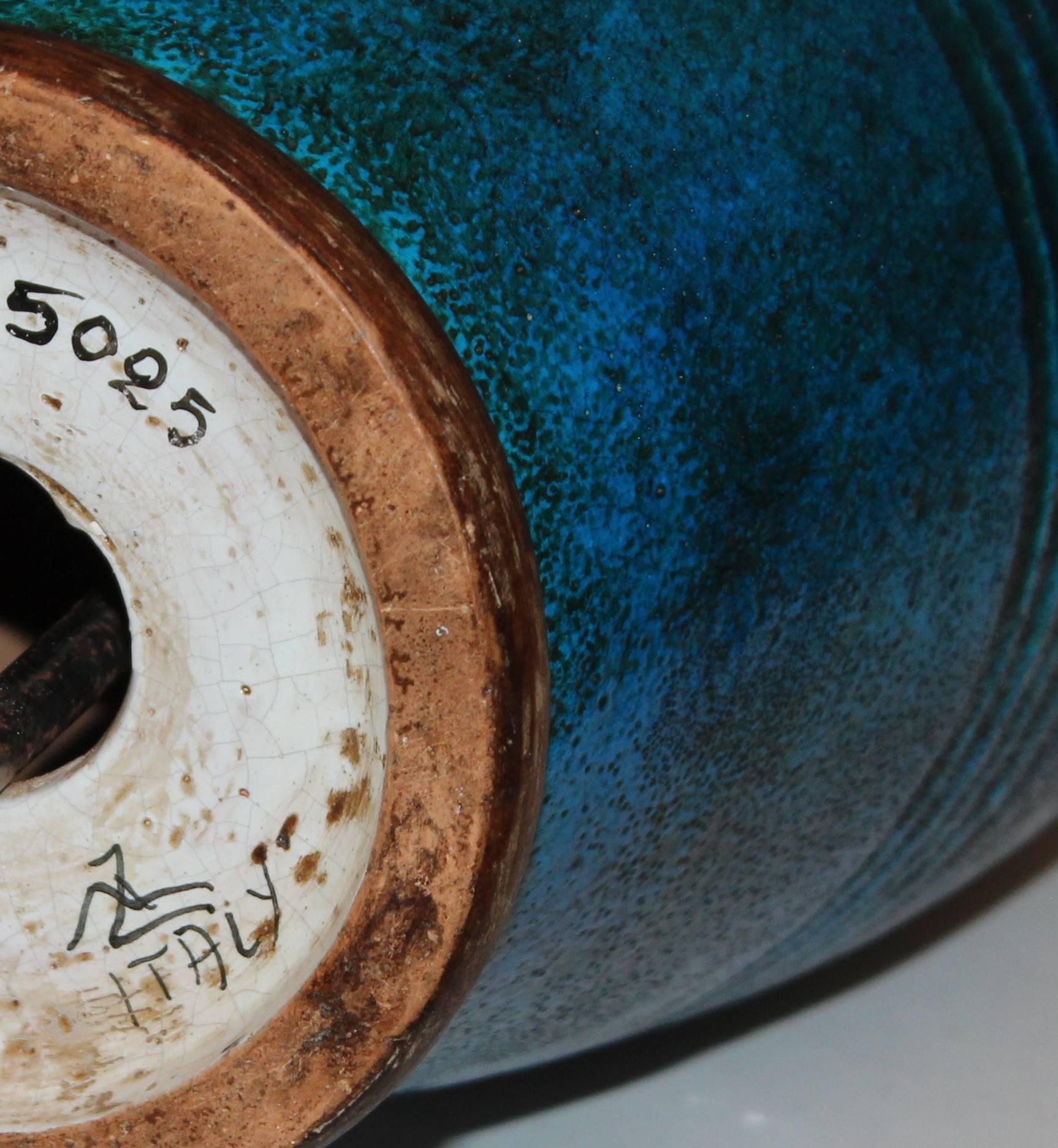 Large Italian Ming Zaccagnini Pottery Turquoise Crackle Glaze Ring Handle Lamp 1