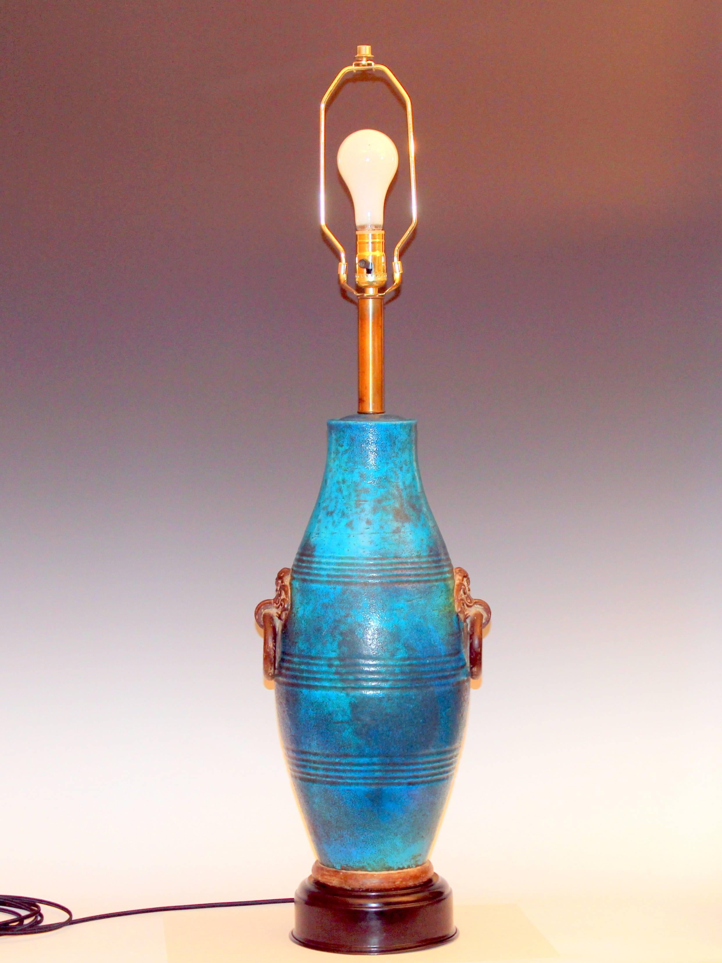 Large Italian Ming Zaccagnini Pottery Turquoise Crackle Glaze Ring Handle Lamp 3