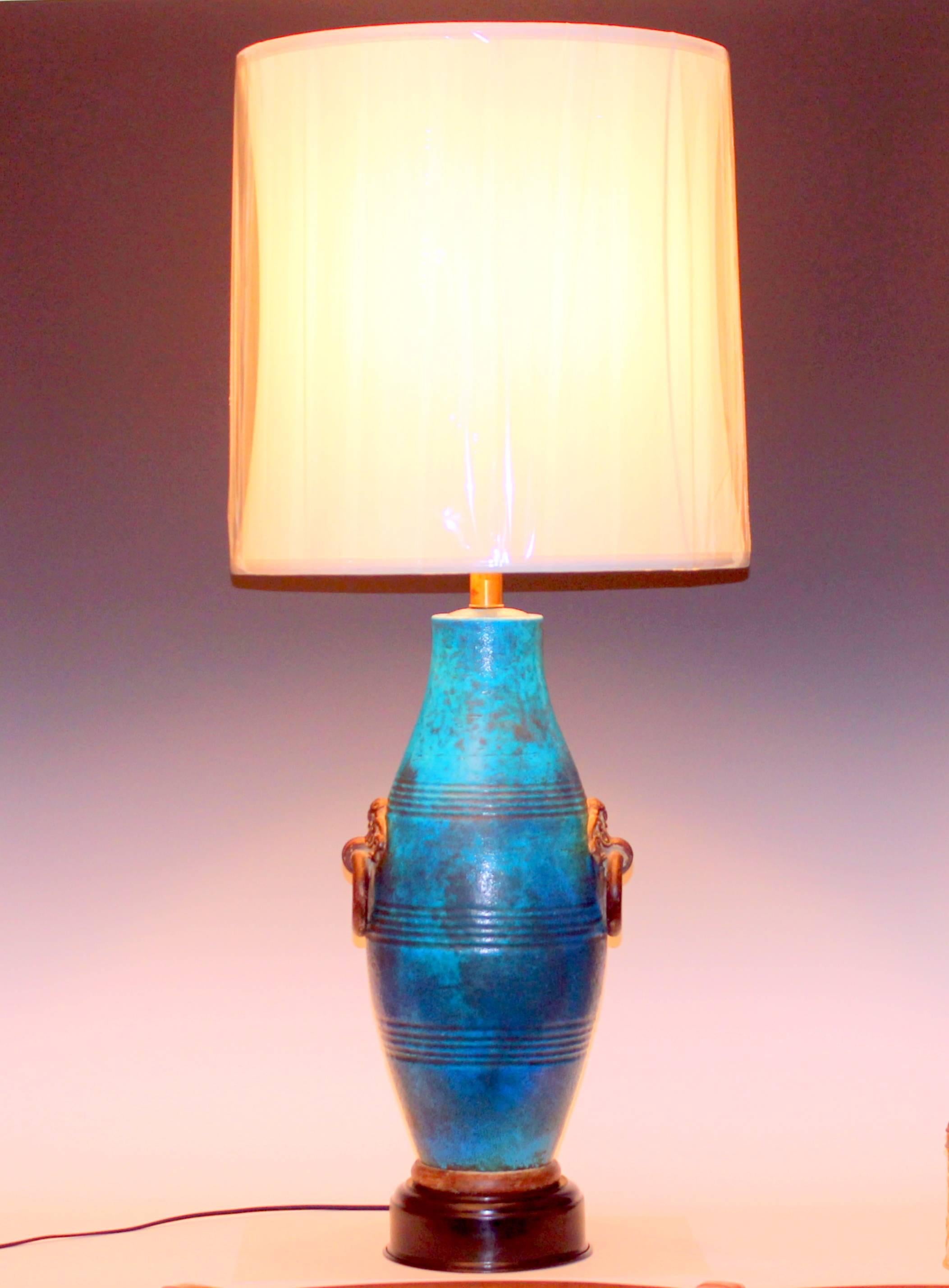 Large Italian Ming Zaccagnini Pottery Turquoise Crackle Glaze Ring Handle Lamp 4