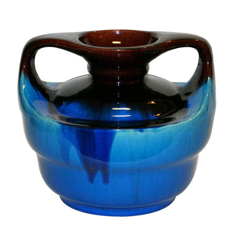 Japanese Kyoto Pottery Turquoise Drip Glaze Vase For Sale