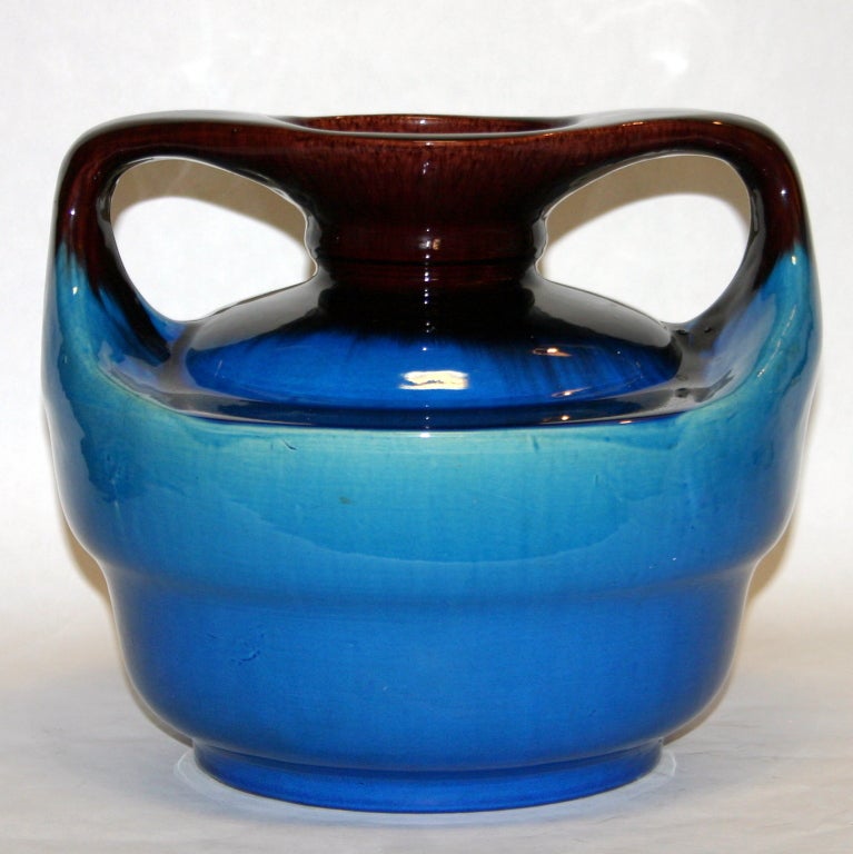 Turned Japanese Kyoto Pottery Turquoise Drip Glaze Vase For Sale