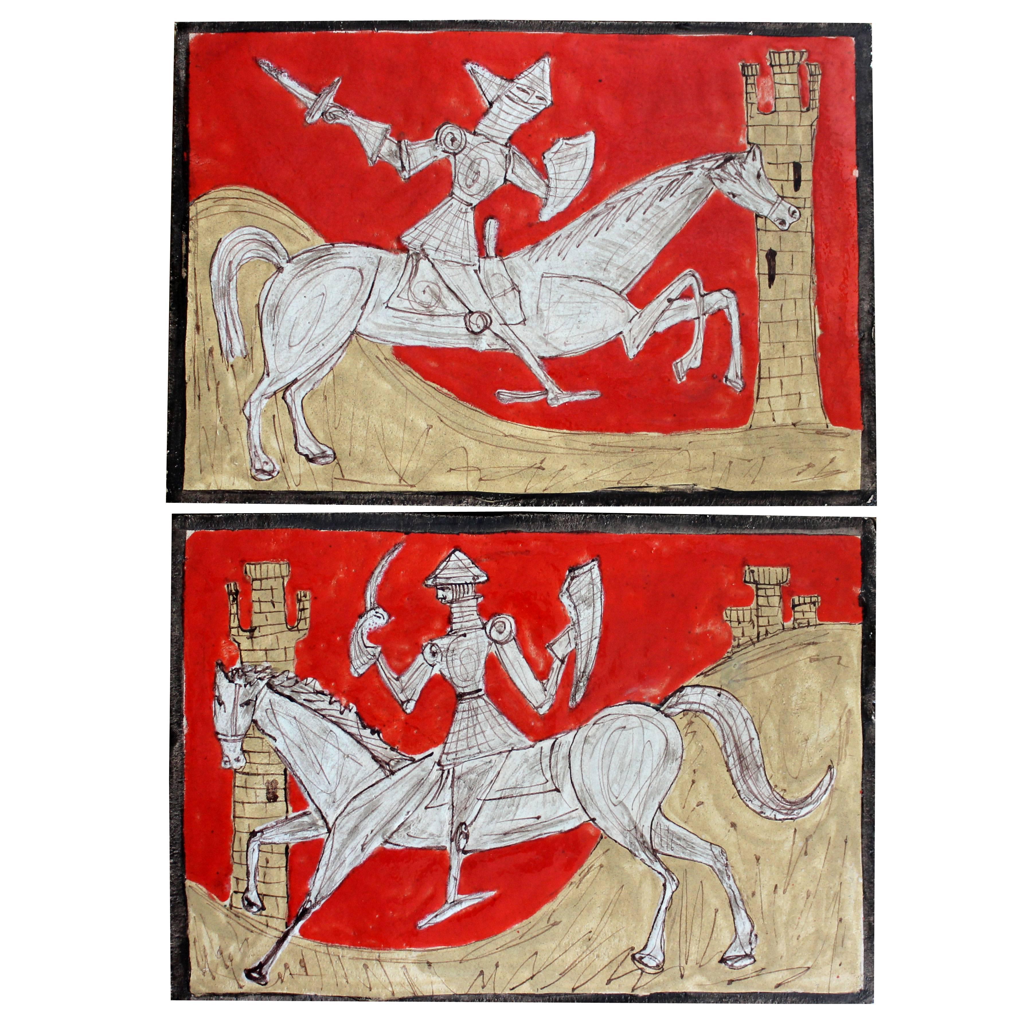 Pair of Petucco Nove Italian Midcentury Marini Horseman Knight Wall Tile Plaques
