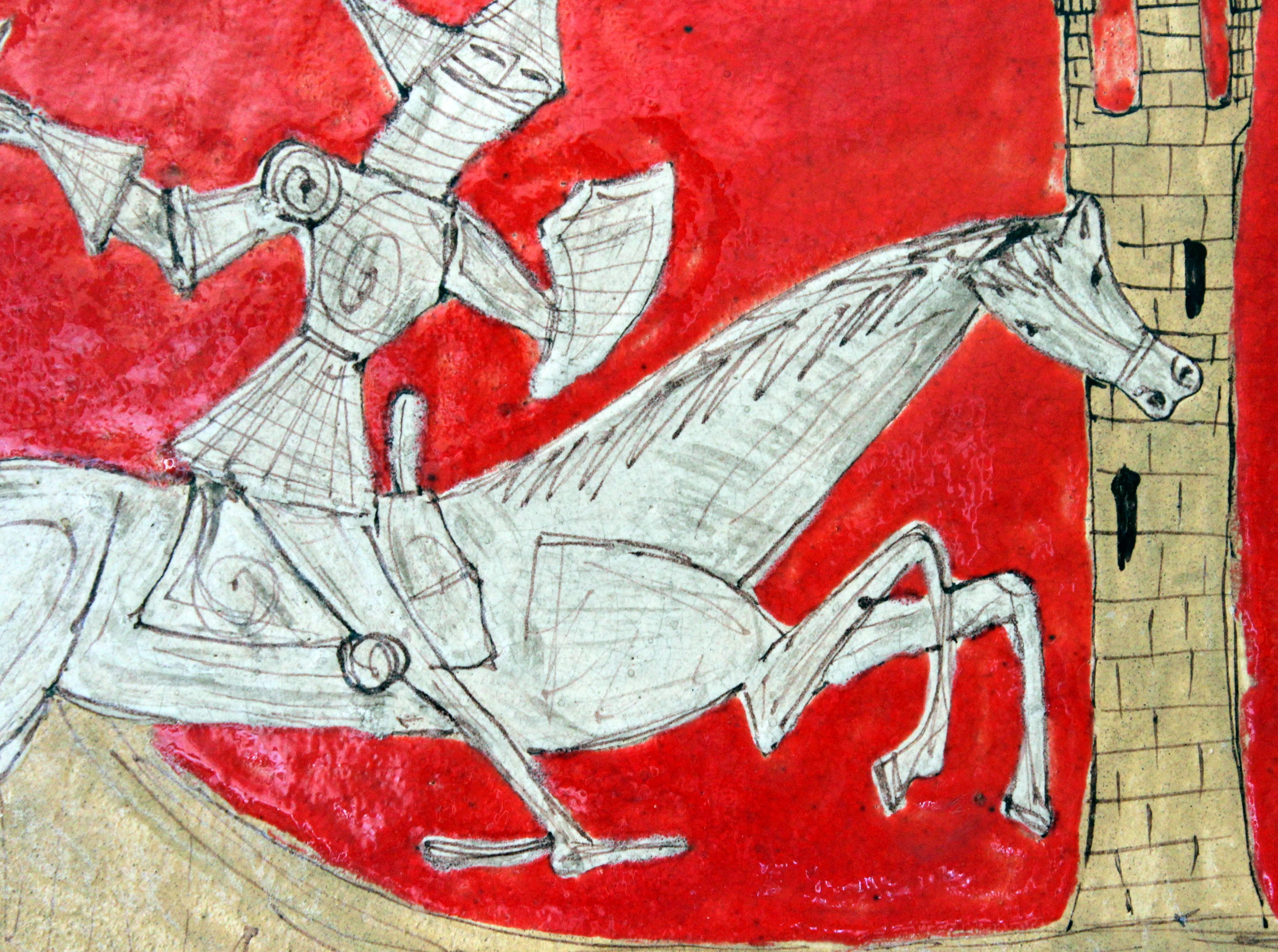 Glazed Pair of Petucco Nove Italian Midcentury Marini Horseman Knight Wall Tile Plaques