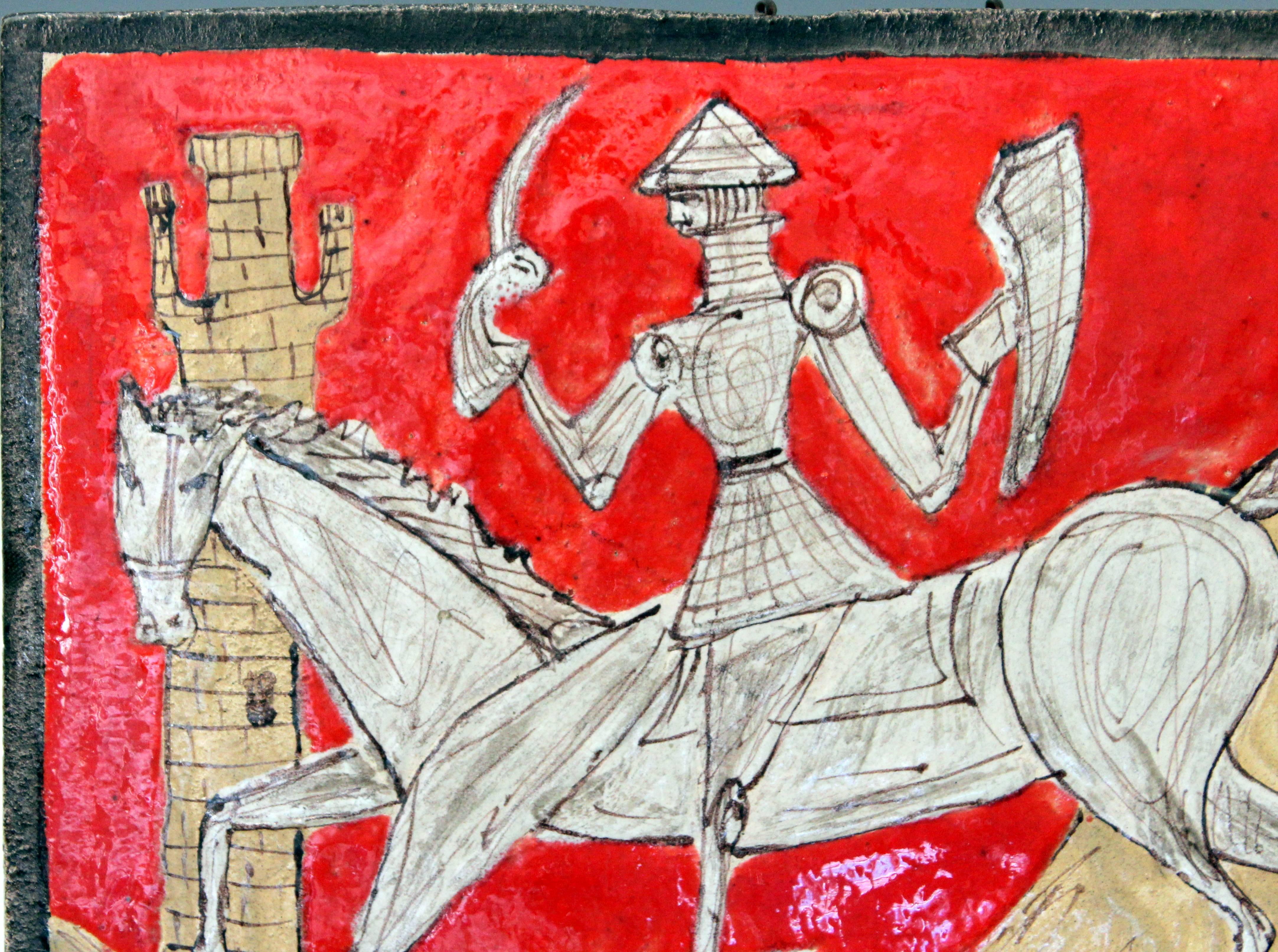 Pottery Pair of Petucco Nove Italian Midcentury Marini Horseman Knight Wall Tile Plaques