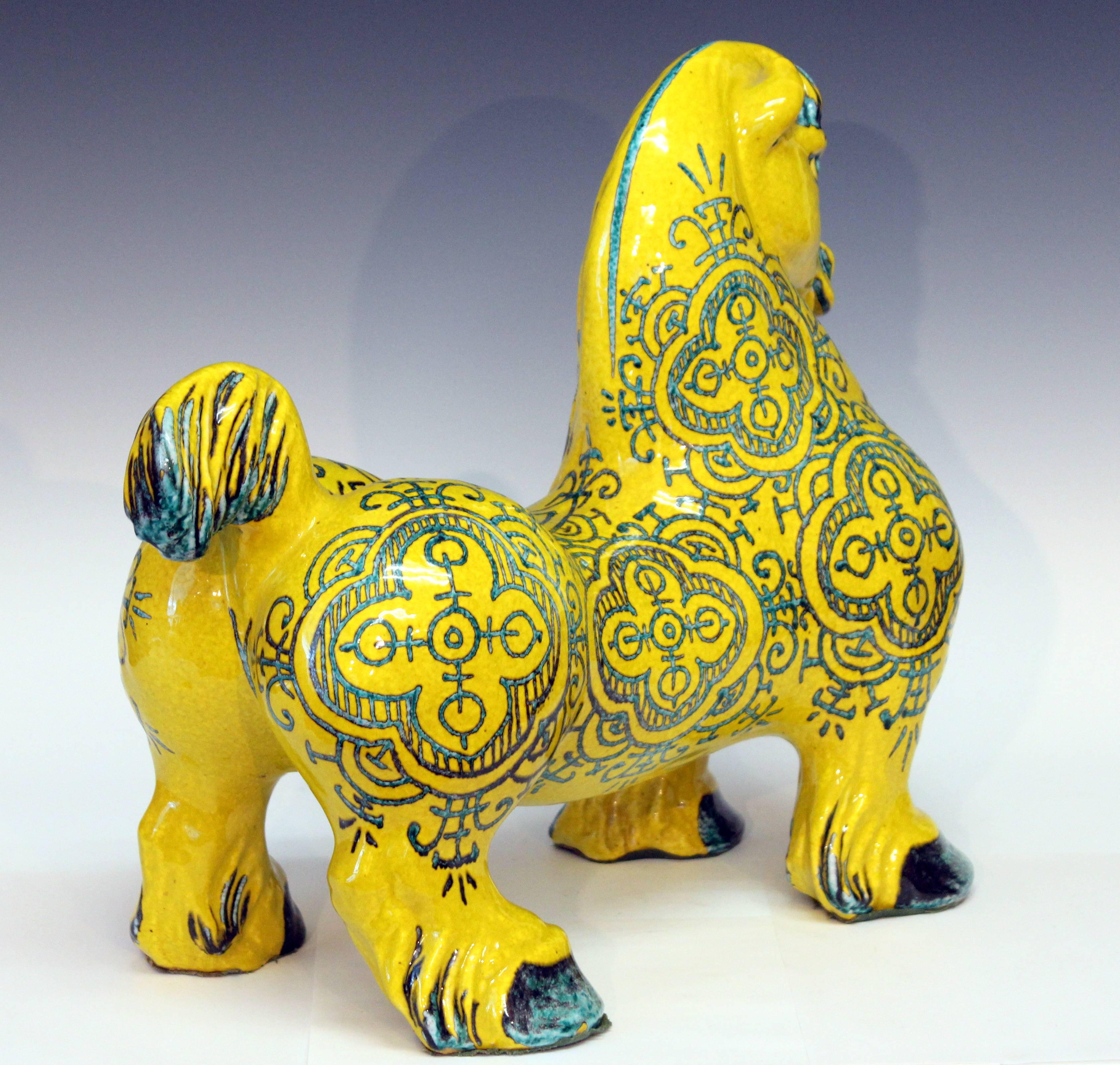 Mid-Century Modern Huge Vintage Italian Pottery Atomic Yellow Glaze Horse Figure Pugi Raymor