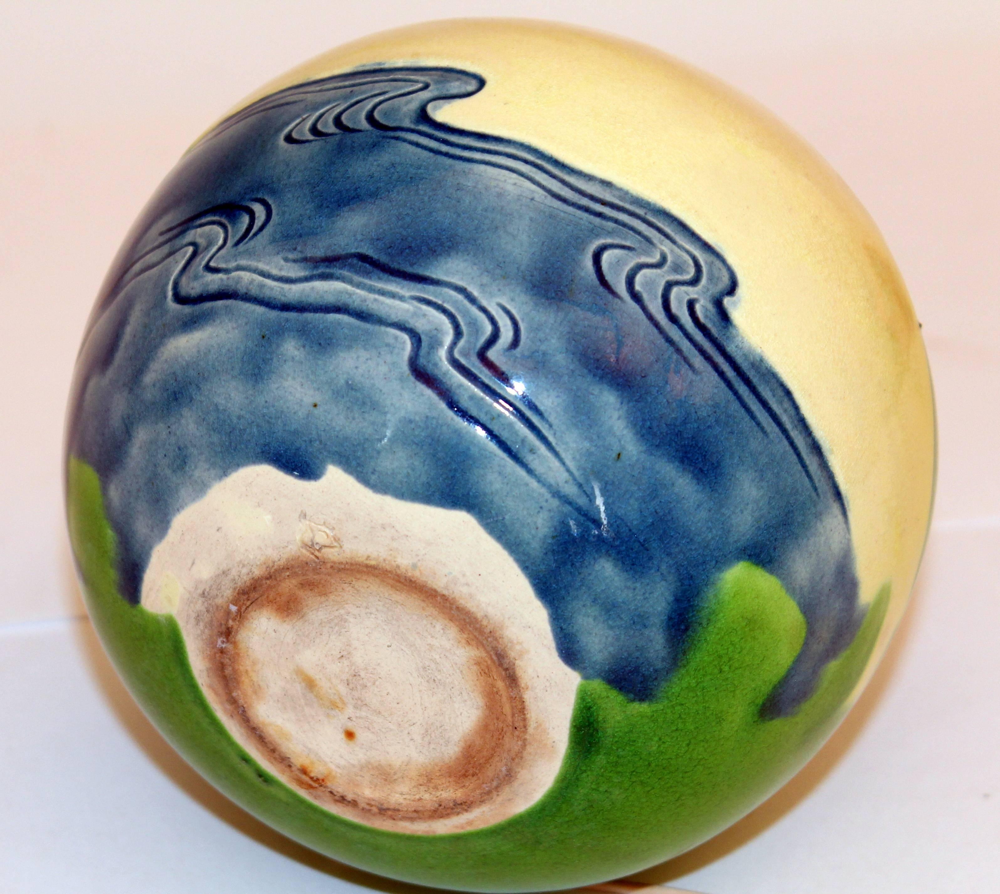 Antique Awaji Pottery Vase Carved Sky, Mt. Fuji, Ocean For Sale 1
