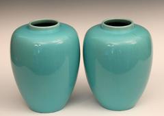 Pair of Art Deco Awaji Pottery Ginger Jar Vases Aqua Glaze