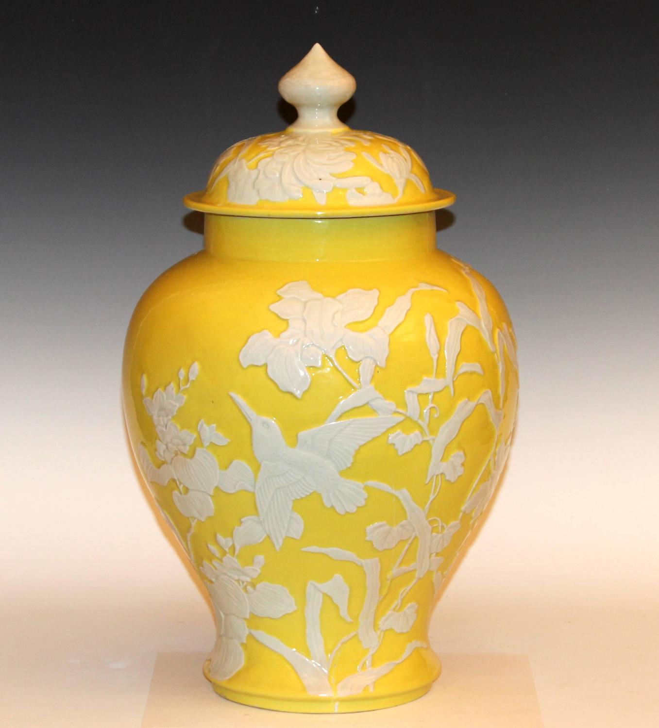 Antique Japanese Carved Studio Porcelain Yellow Covered Urn Vase For