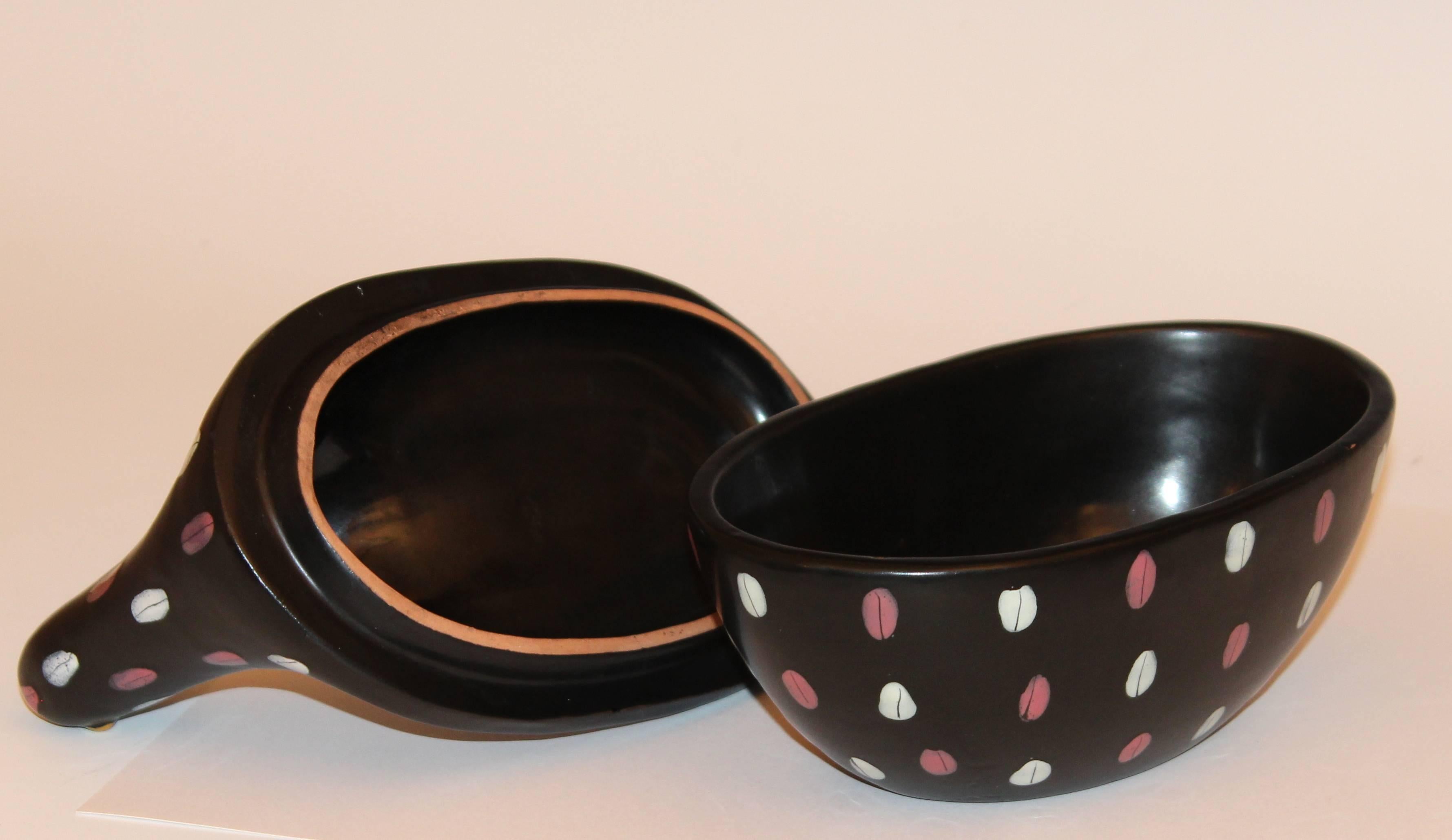 Whimsical Bitossi pottery duck form covered dish with bold polka dot glazes on a matt black ground, circa 1960's. 7