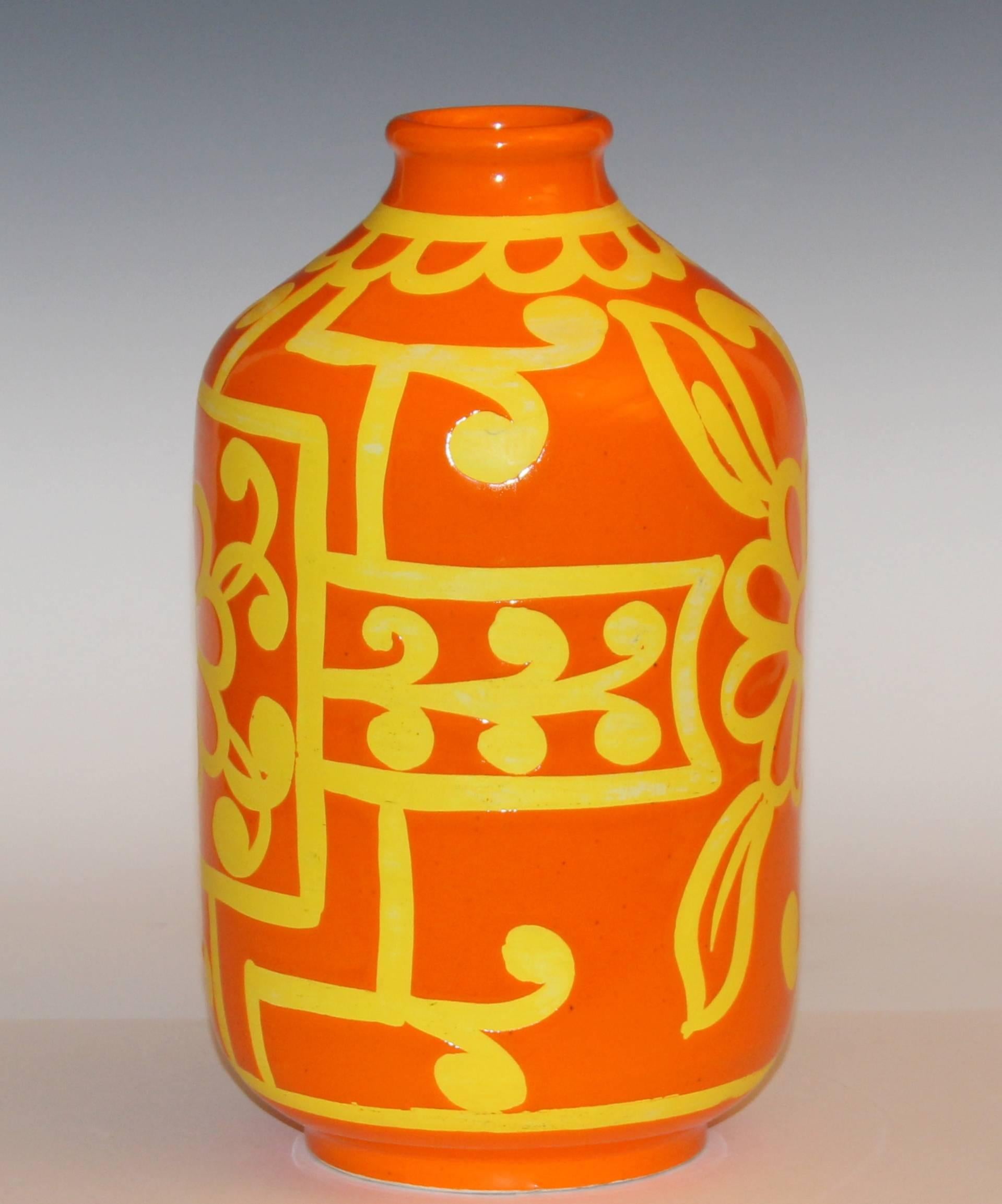 Post-Modern Bellini Italian Art Pottery Vase Atomic Orange Stencil Wax Resist Ground