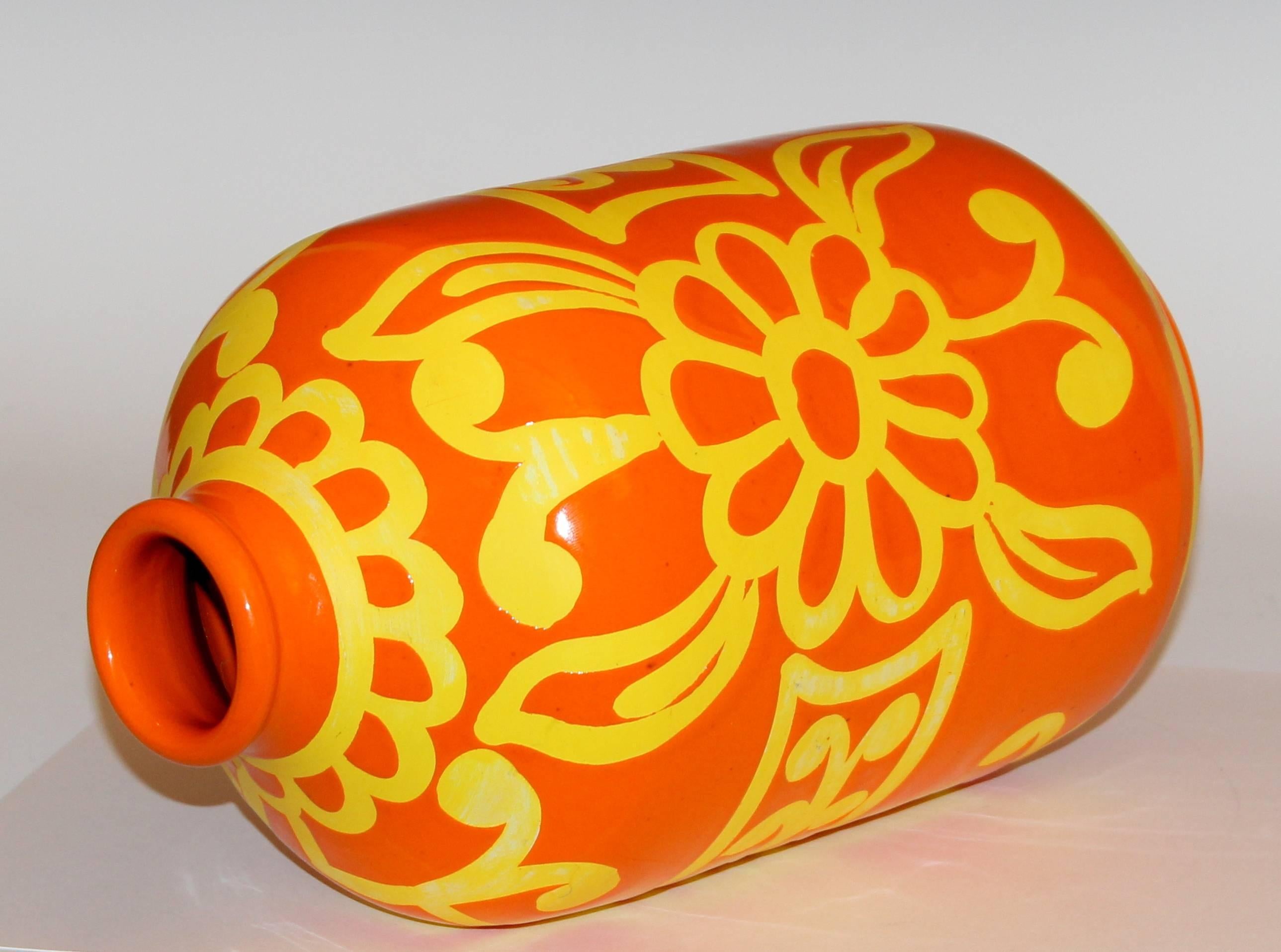 Turned Bellini Italian Art Pottery Vase Atomic Orange Stencil Wax Resist Ground
