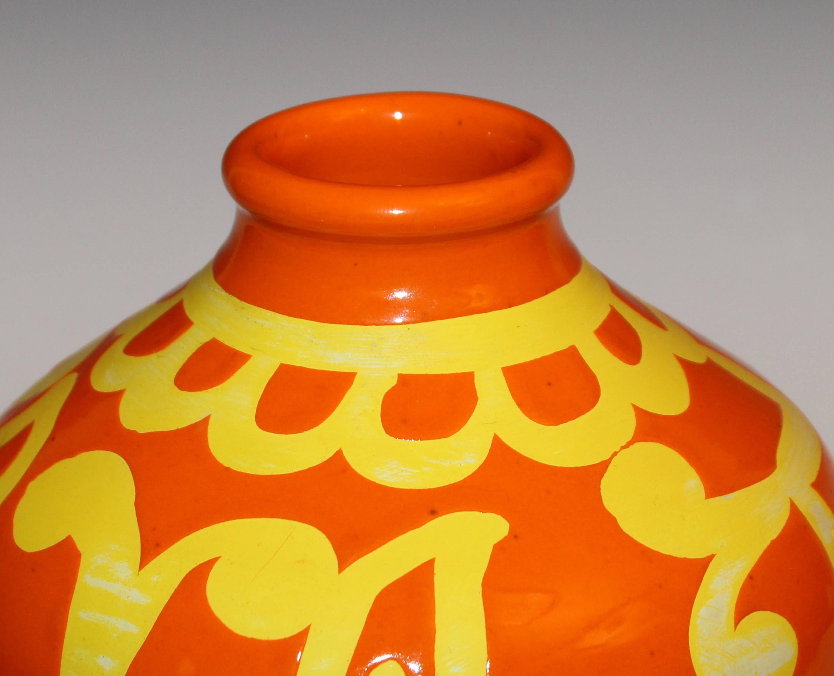 Bellini Italian Art Pottery Vase Atomic Orange Stencil Wax Resist Ground 2