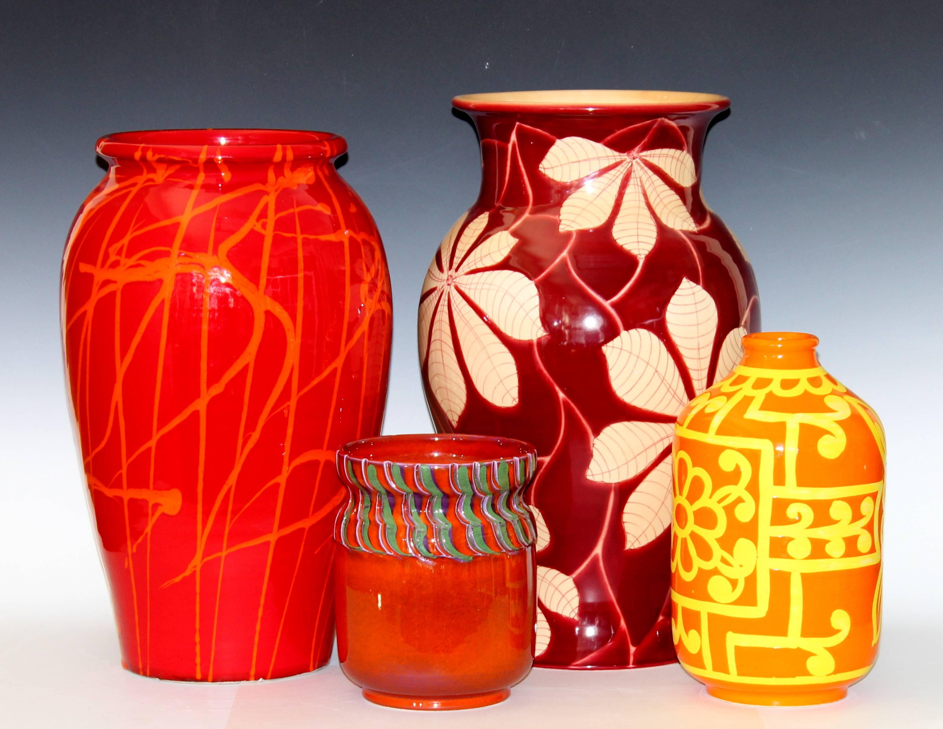 Bellini Italian Art Pottery Vase Atomic Orange Stencil Wax Resist Ground 3