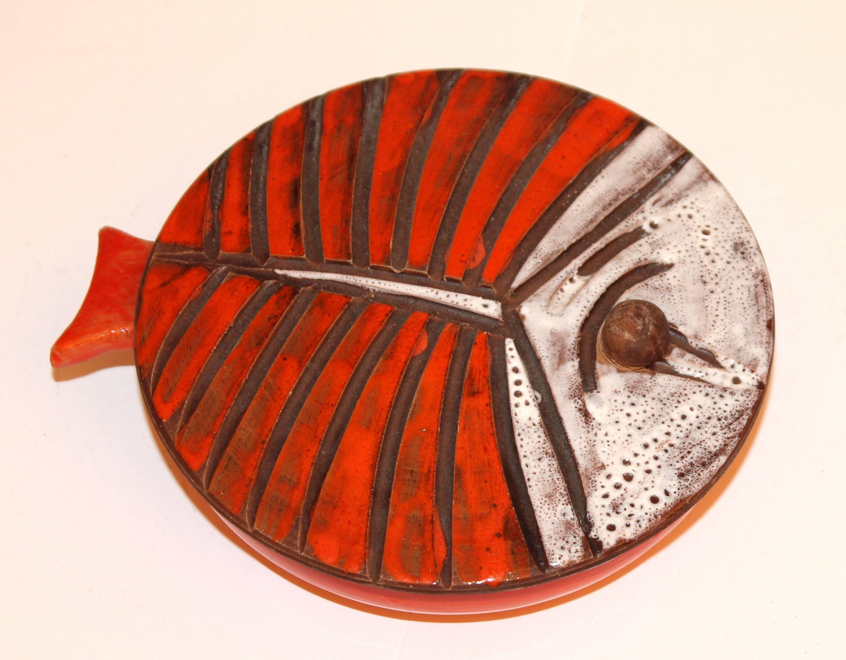Mid-20th Century Vintage French Vallauris Pottery Flat Fish Covered Candy Dish