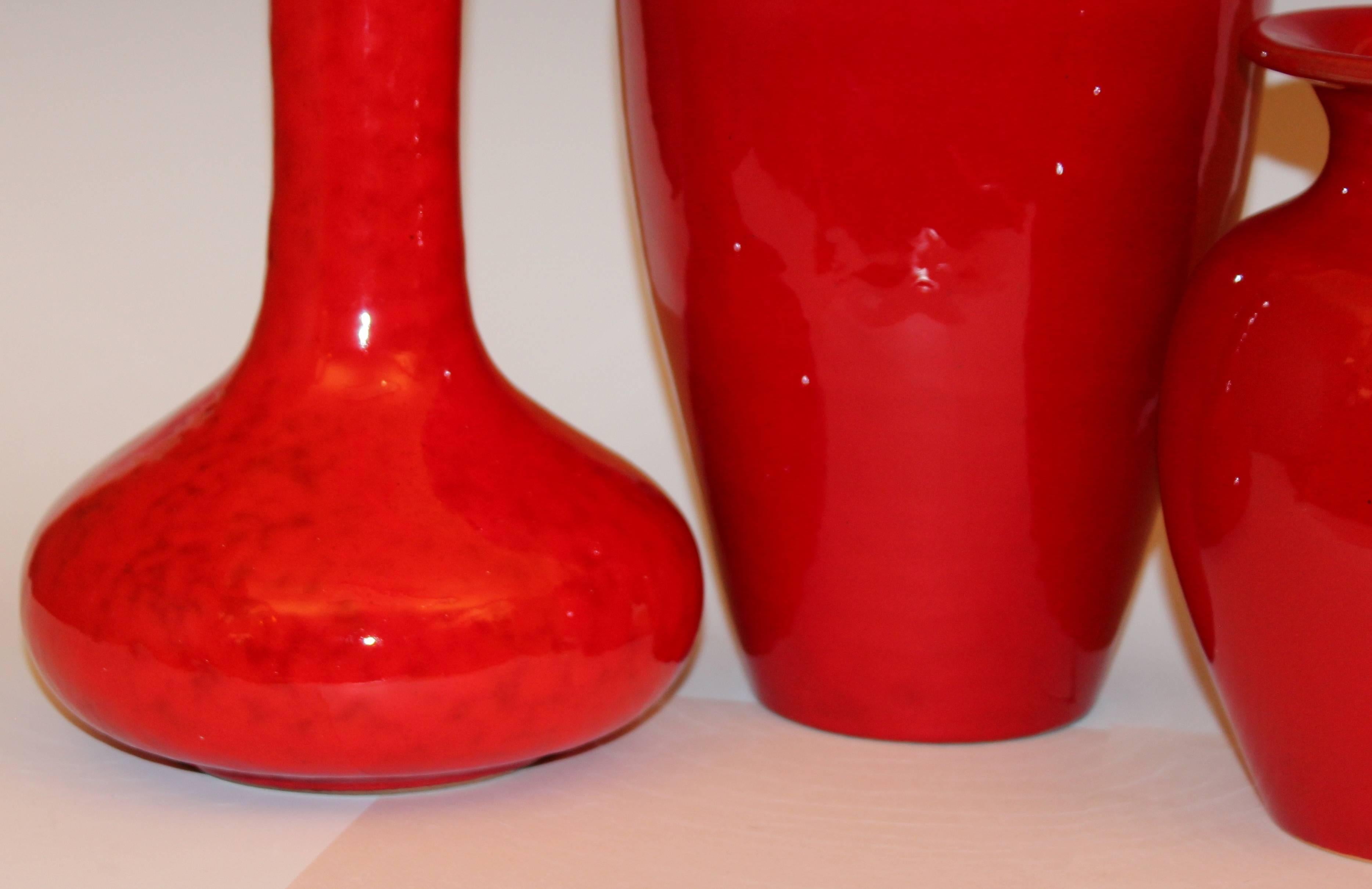 Turned Collection Vintage Italian Pottery Vases in Atomic Red Glaze