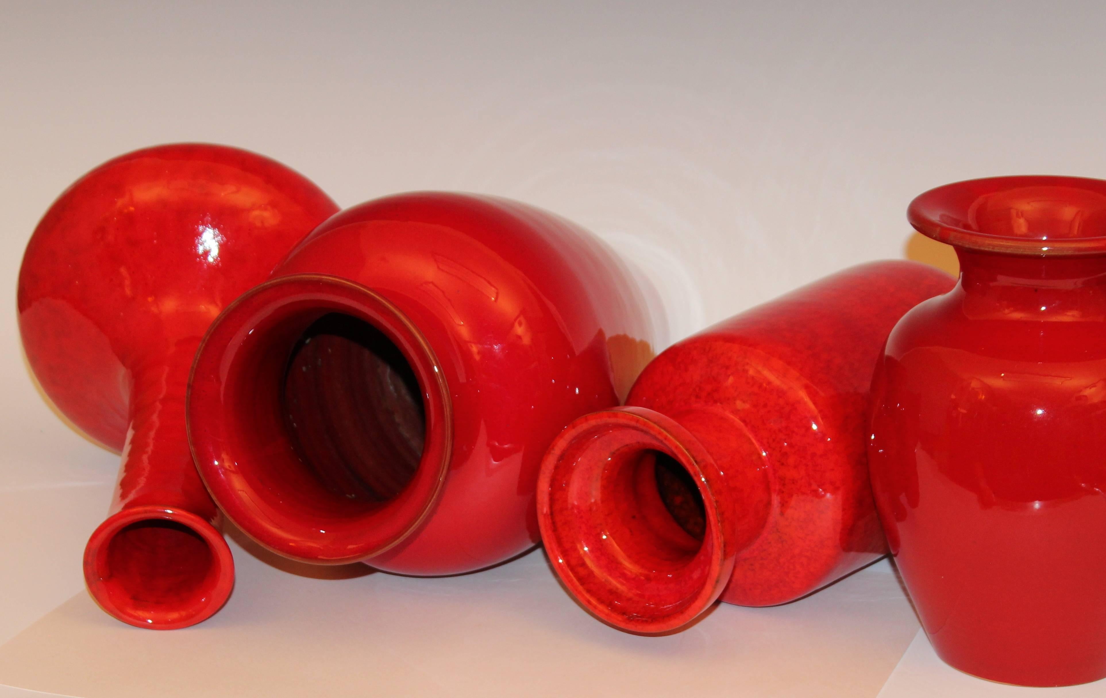 Mid-20th Century Collection Vintage Italian Pottery Vases in Atomic Red Glaze