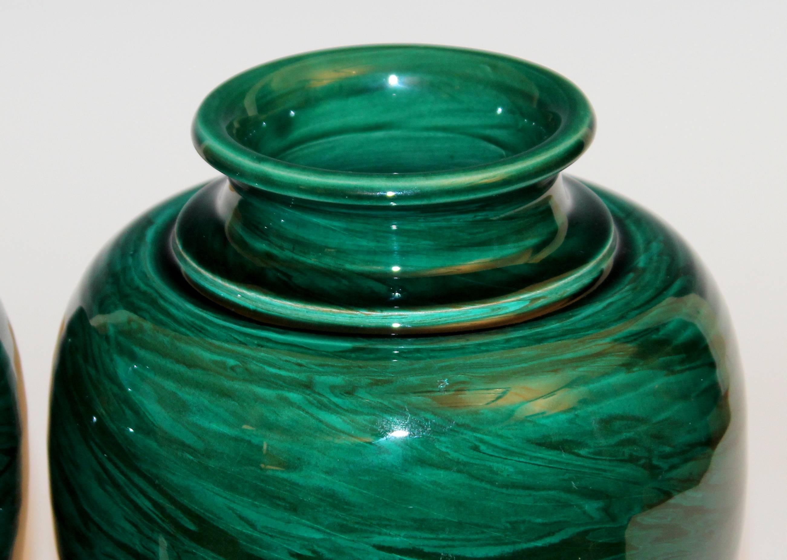 Post-Modern Pair of Vintage Bitossi Green Marbled Malachite Italian Pottery Vases
