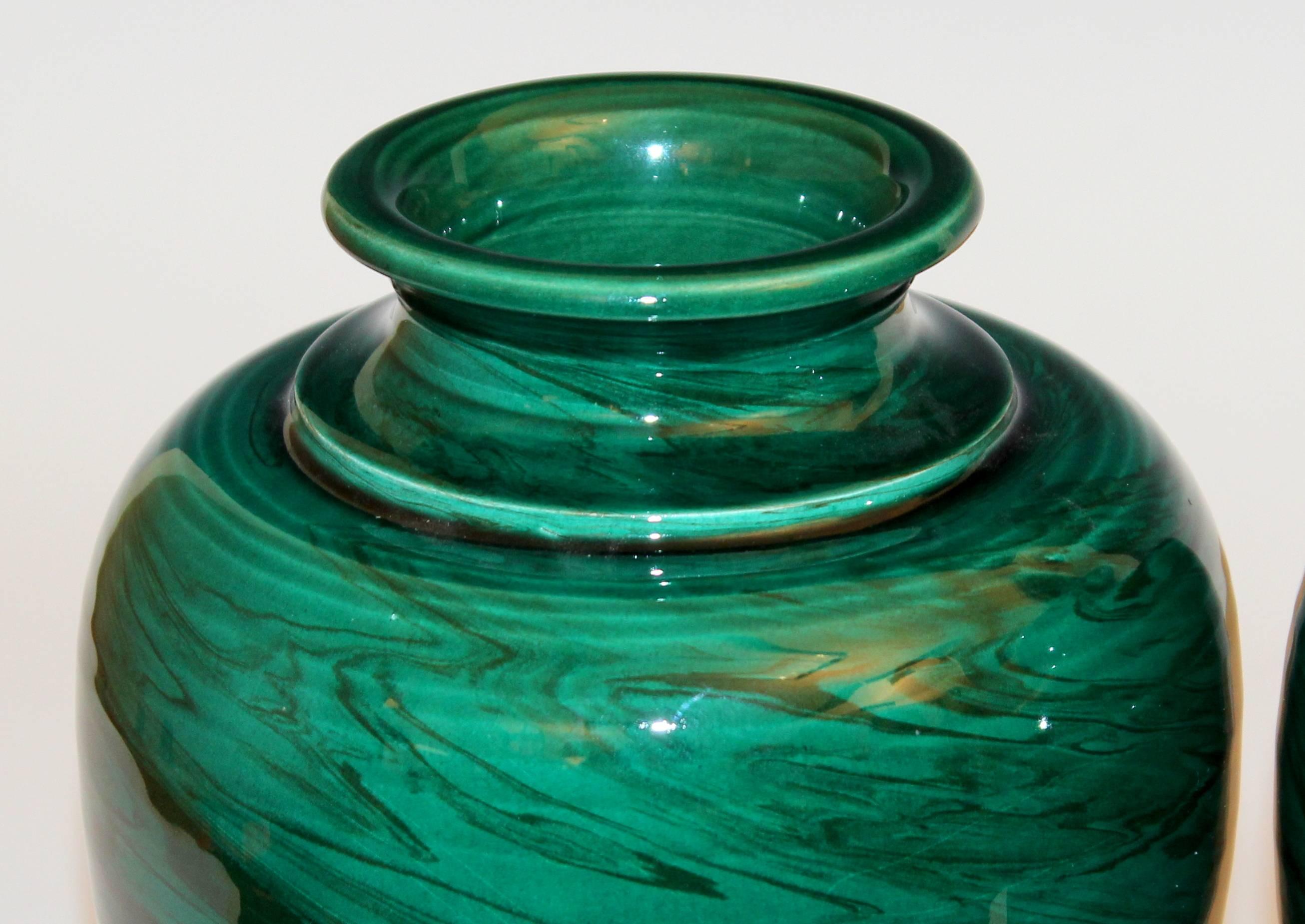 Turned Pair of Vintage Bitossi Green Marbled Malachite Italian Pottery Vases