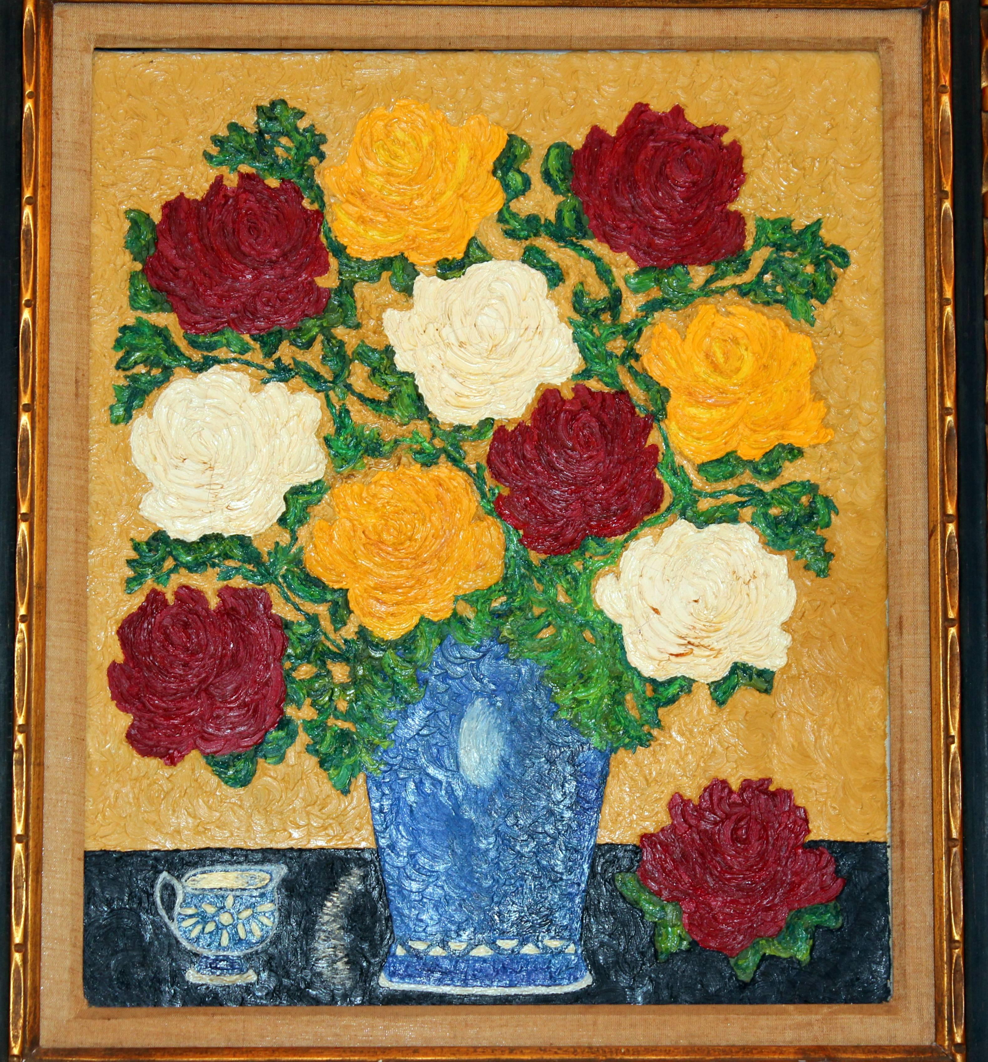 Large vintage oil on canvas still life of flower arrangement on a table. Colorful with nice contrast and textured with impasto. Well suited with nice quality frame, circa 1950s-1960s. Nicely done. Unsigned. Measures: Canvas 24" x 20,"