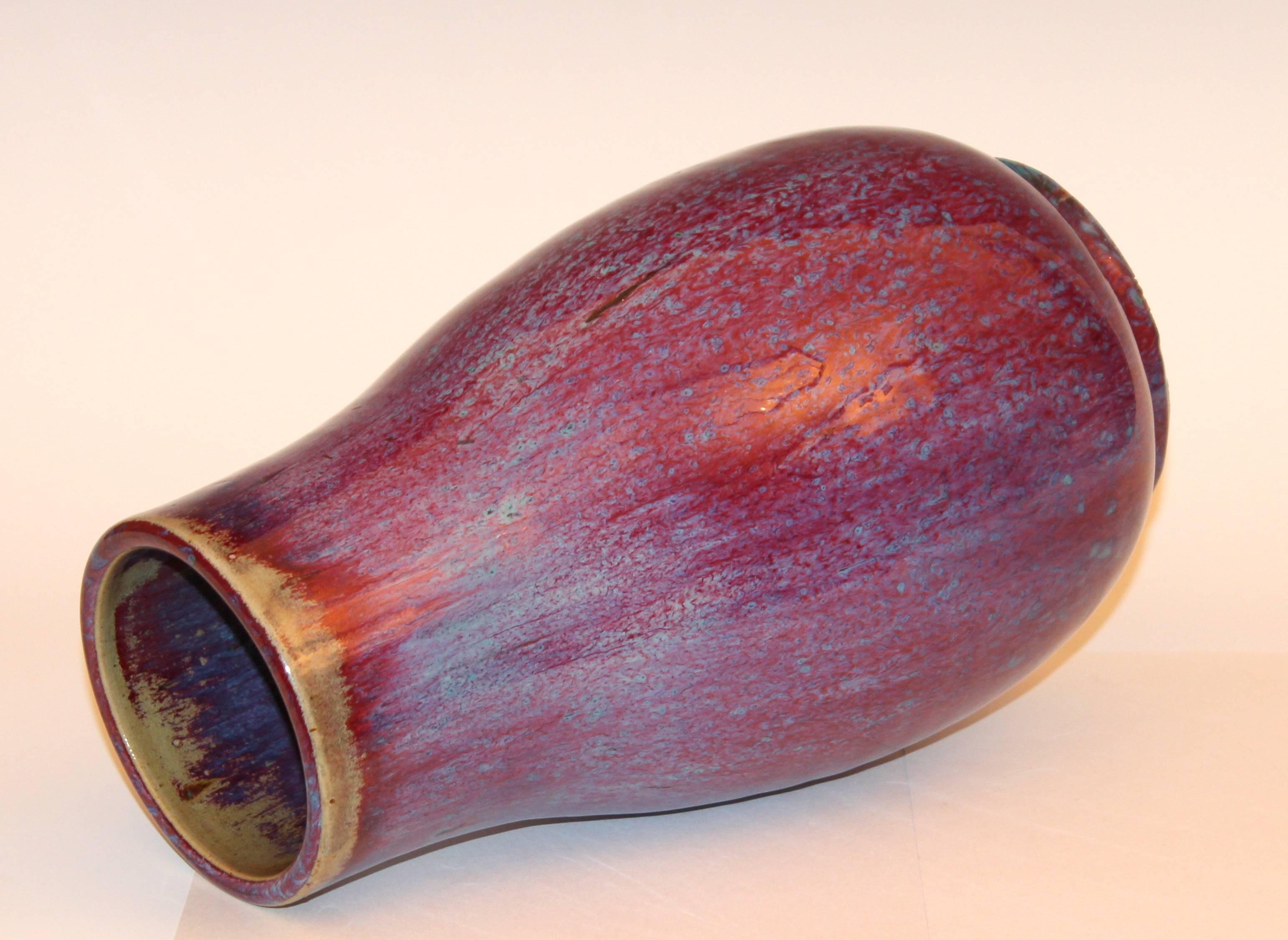 Japanese pear form vase with terrific red and blue flambé glaze, circa 1910s. Measures: 11 3/4