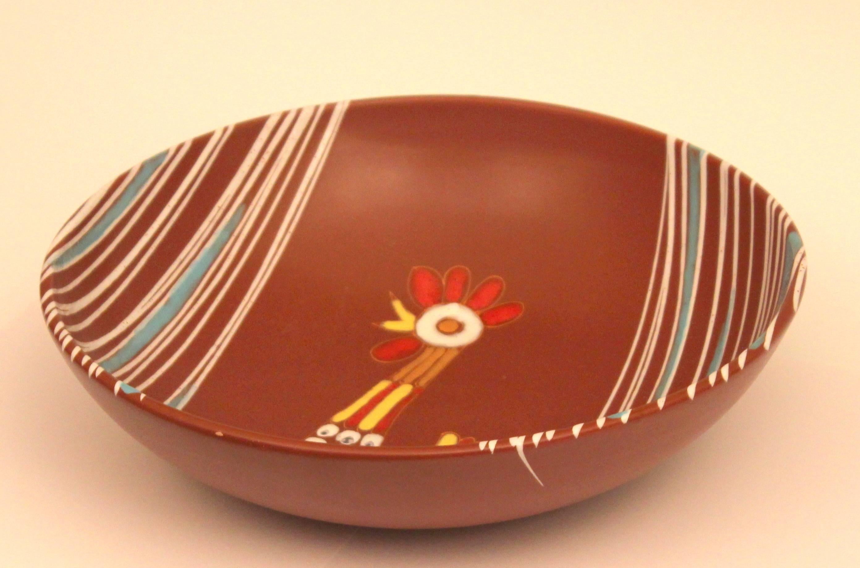 Turned Vintage Bitossi for Raymor Capron Style Italian Pottery Enamelled Rooster Bowl